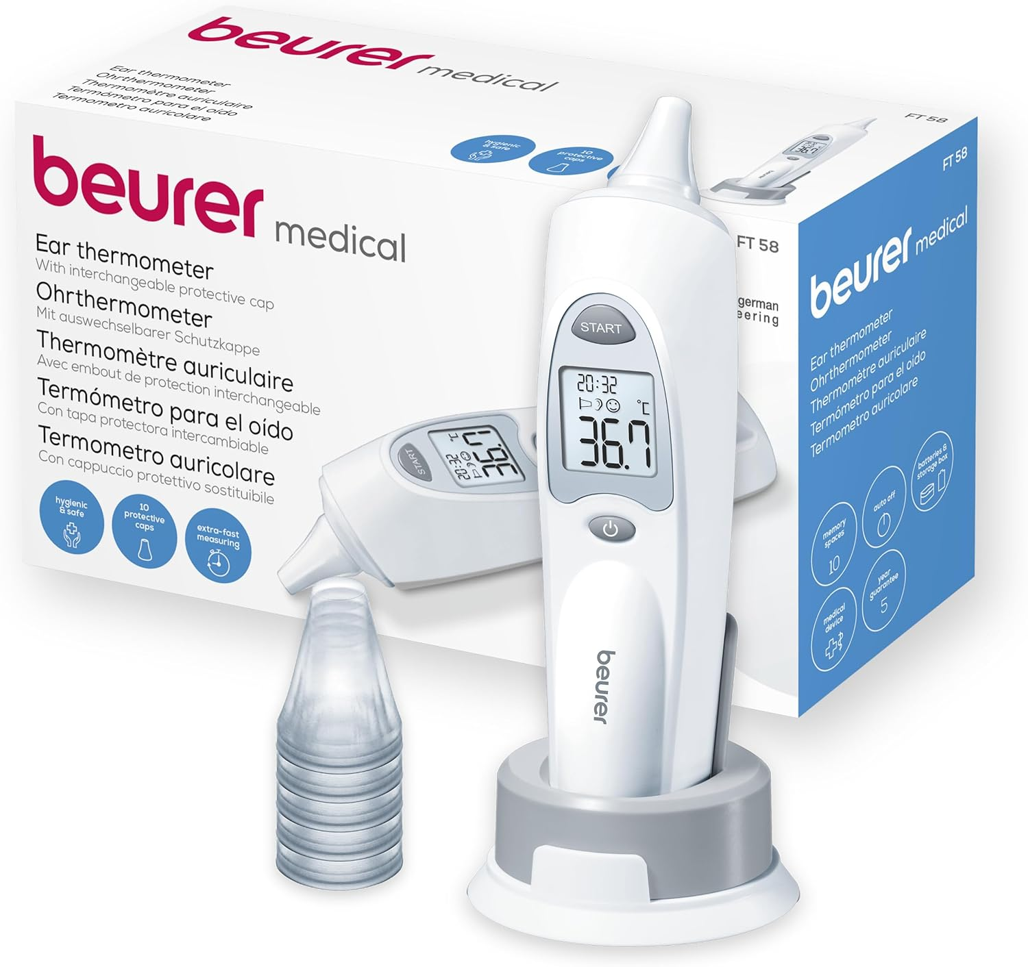 Beurer ▫️ Termómetro de ouvido FT 58, termómetro de febre com tecnologia de medição por infravermelhos para medição no ouvido, indicador de febre, incl. 10 protectores de ouvido, para bebés, crianças e adultos