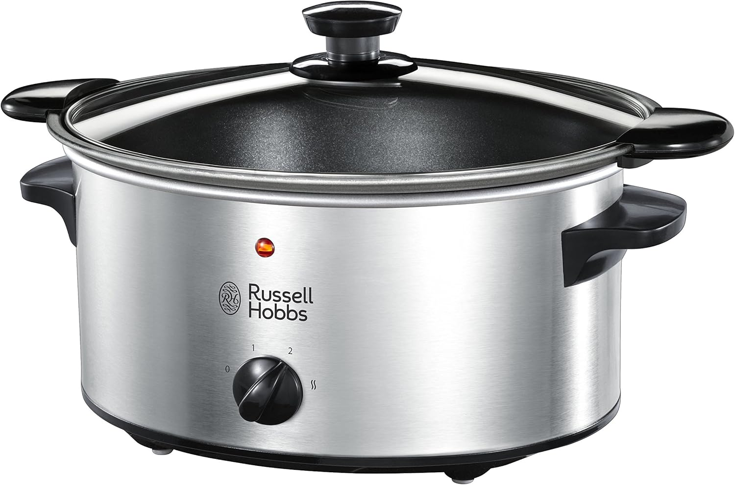 Russell Hobbs ▫️ Panela lenta Cook@Home - Capacidade 3,5 L, 4 Porções, 3 Temperaturas, Corpo em Aço Inoxidável, Caçarola Amovível, Limpeza Fácil, Tampa de Vidro, Prata - 22740-56