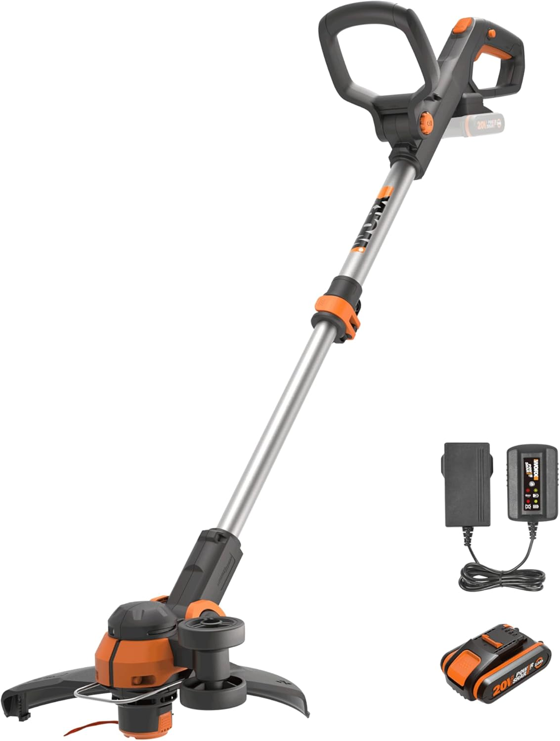 WORX ▫️ WG163E.1 Cortador de escovas a bateria 20V - 2Ah, aparador automático, rodas para aparar arestas, cabeça giratória de 90° para áreas baixas, ajuste ergonómico, para jardins pequenos e médios