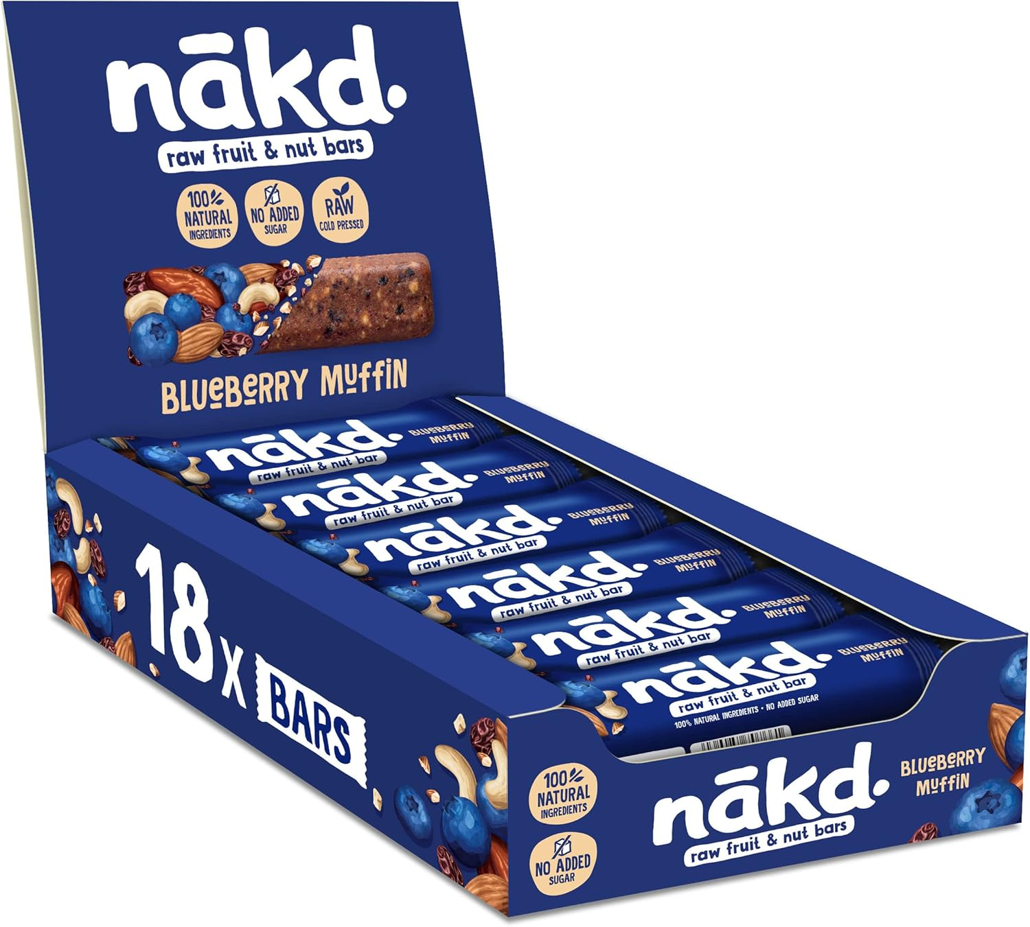 nākd. ▫️ Muffin de mirtilo - Barras de fruta crua e nozes - Ingredientes 100% naturais - Sem adição de açúcar - 18 x 35g