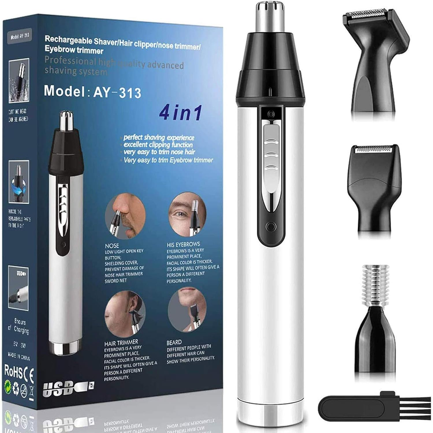 Cleanfly ▫️ Cortador de pêlos profissional 4 em 1 para nariz e orelhas, recarregável por USB, leve e à prova de água (branco)