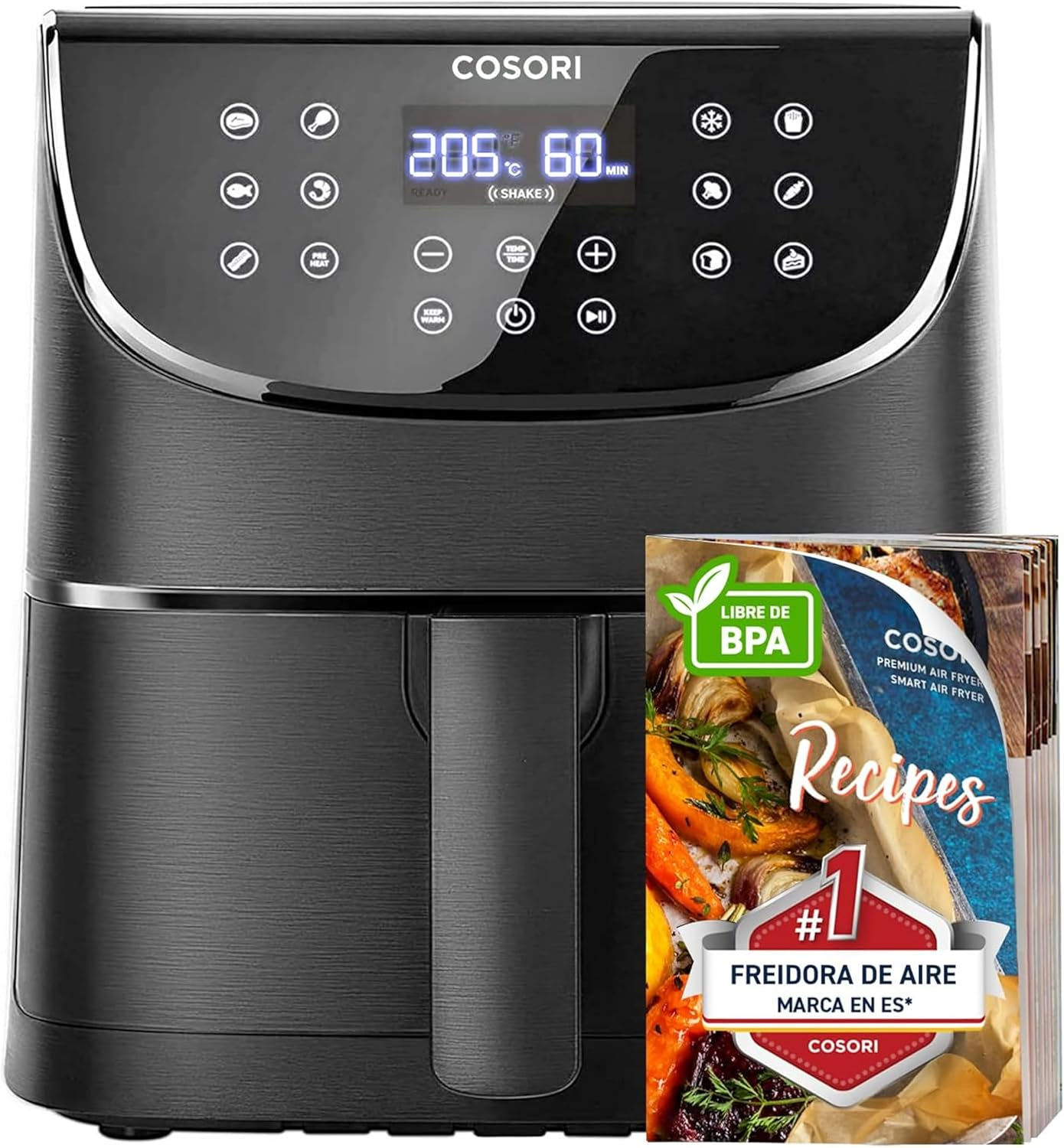 COSORI ▫️ Fritadeira de ar 5.7L Interior em metal verdadeiro, design anti-ferrugem, tecnologia de aquecimento uniforme, 40 receitas, redução de gordura para uma vida saudável, eficiência energética, 1700W