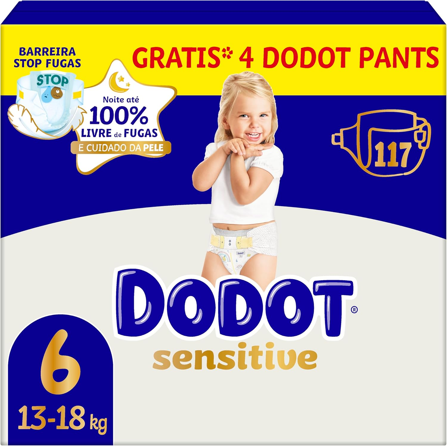 DODOT ▫️ Baby Fraldas Sensíveis, tamanho 6 (+13 kg), 117 fraldas + 4 calças grátis, até 12 horas de proteção anti-fugas e cuidados da pele, embalagem mensal