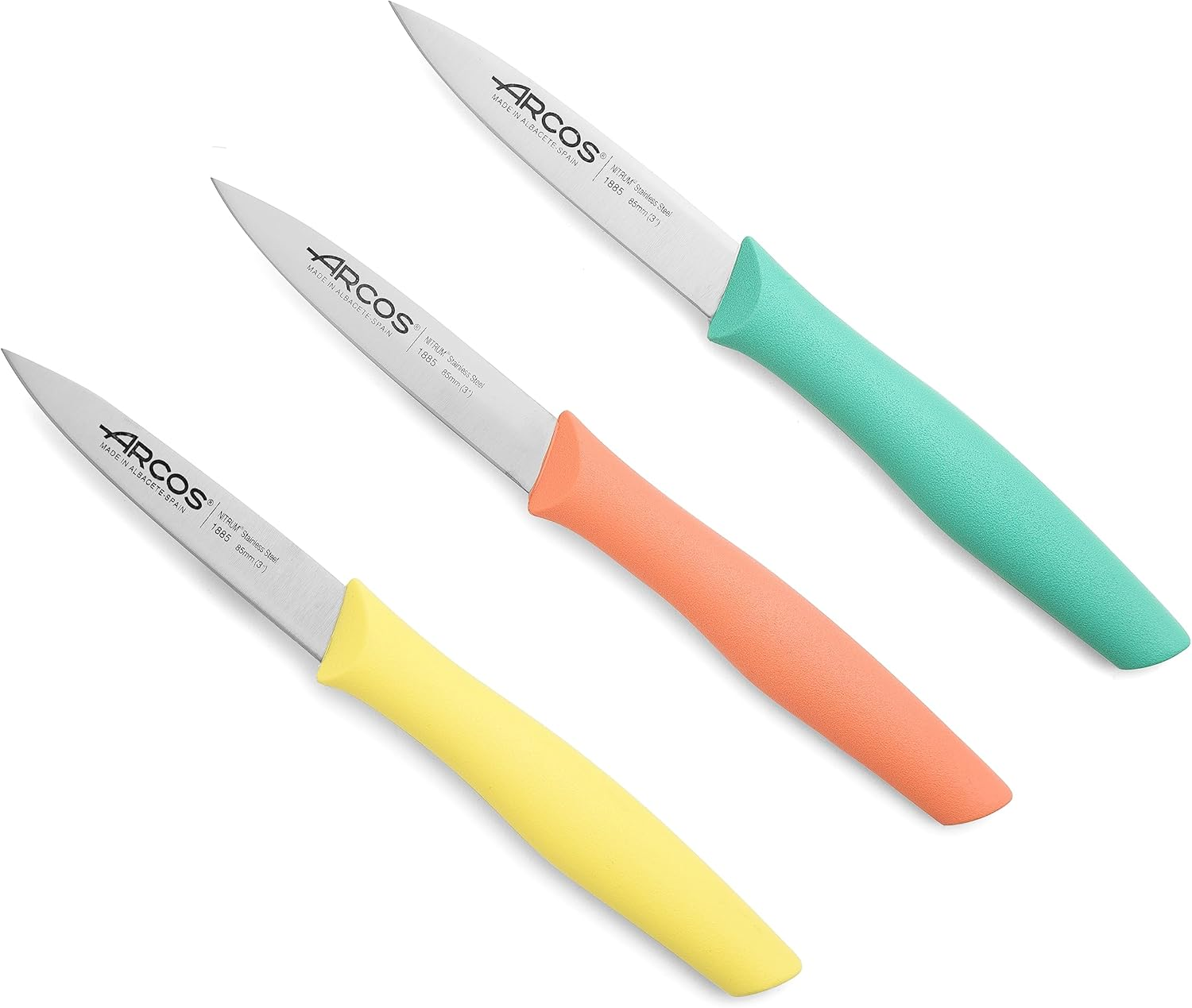 Arcos ▫️ Conjunto de facas Mondadores. 3 peças em aço inoxidável. Facas descascadoras de cozinha multicoloridas para descascar frutas e legumes. Cabo ergonómico em polipropileno. Série Nova. Laranja, Amarelo e Azul.