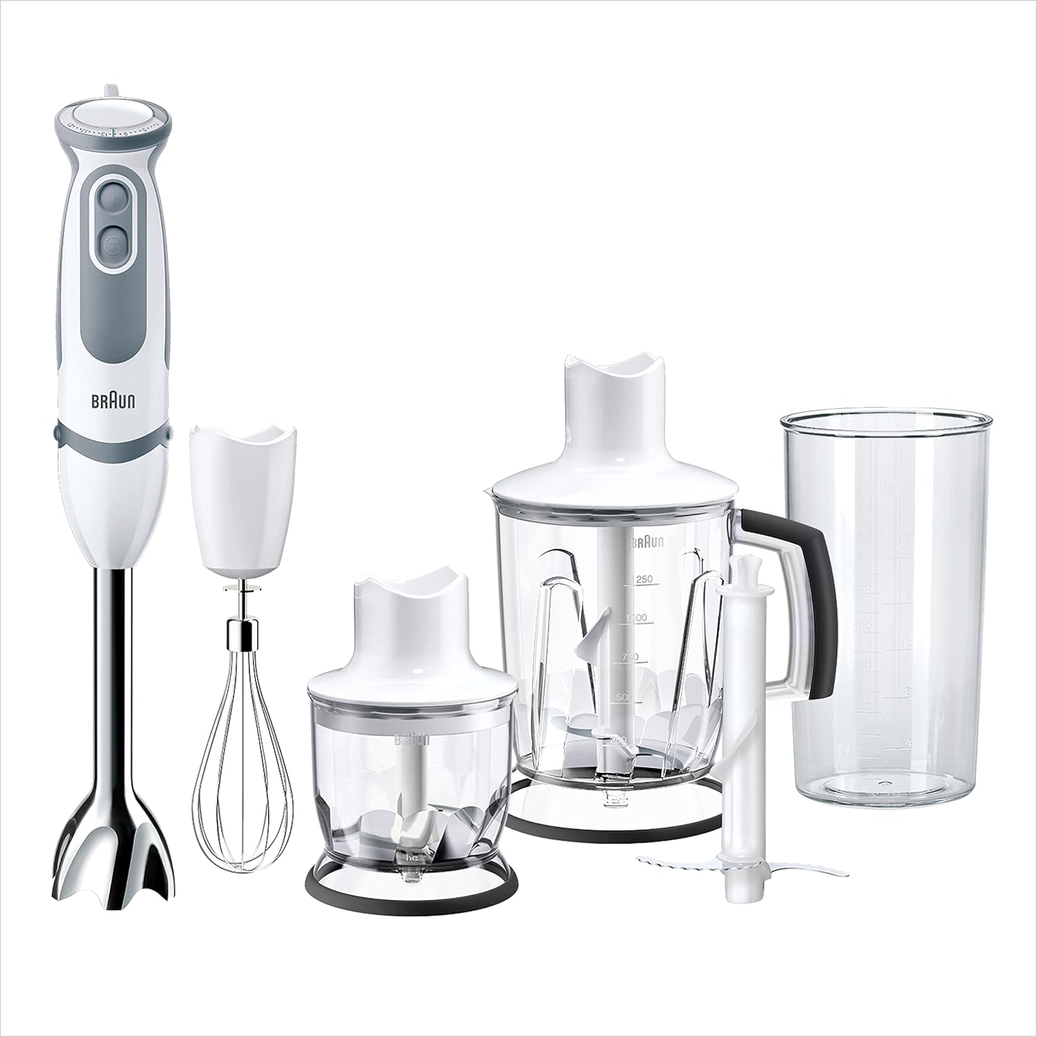 Braun ▫️ Minipimer 5245 1000 W, 21 velocidades, função Turbo, anti-salpicos, Powerbell Plus, copo de medição, batedor, mini picador, liquidificador de vidro, lâmina trituradora de gelo, branco