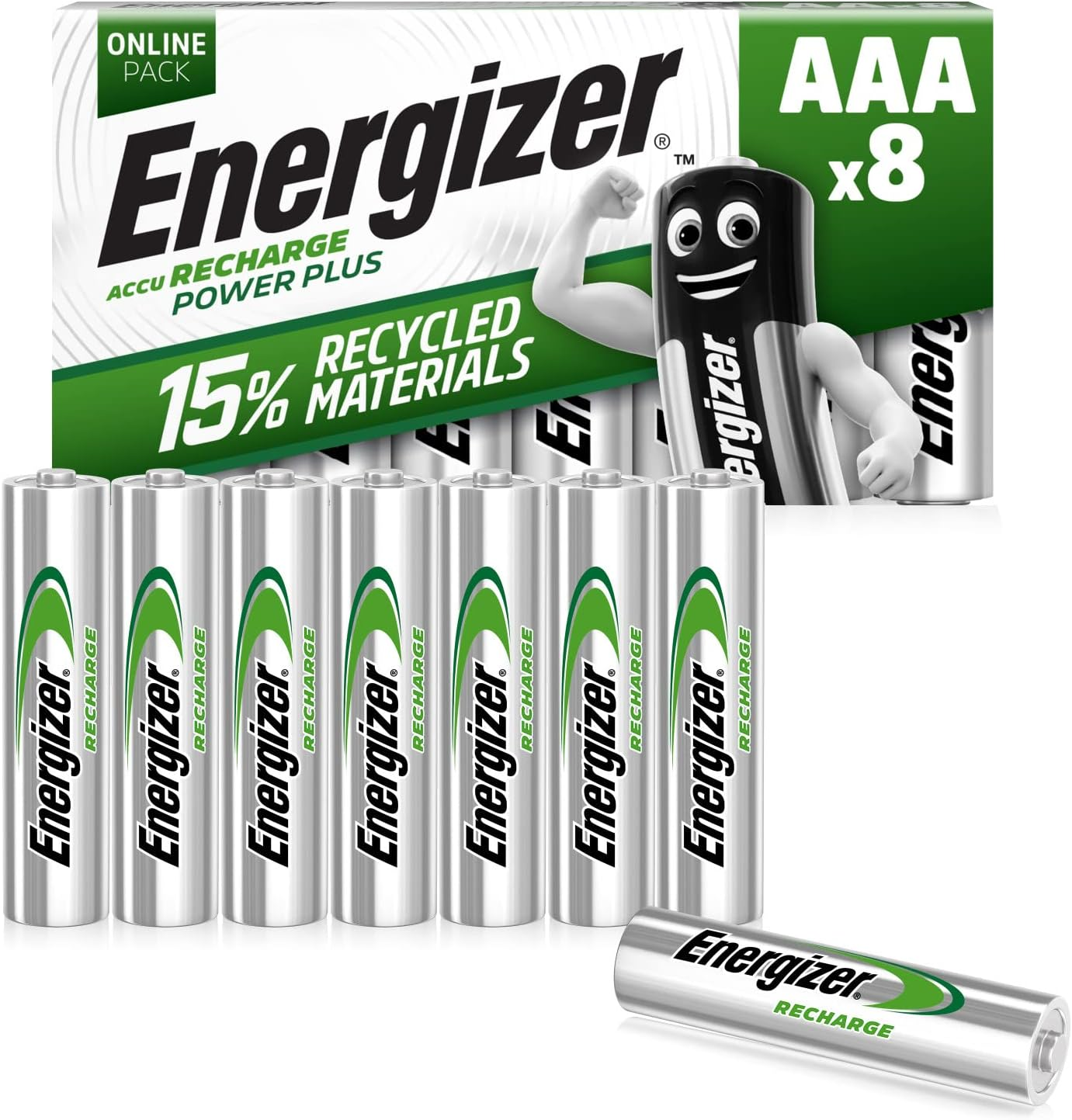 Energizer ▫️ Recharge Power Plus - Pilha recarregável AAA (embalagem de 8) Pilha NiMH de 700 mAh - Pré-carregada - para dispositivos de utilização frequente e centenas de recargas - Embalagem 100% reciclável
