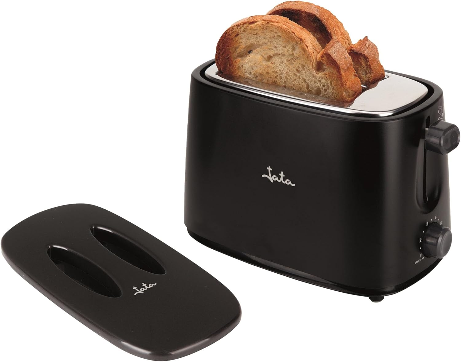 Jata ▫️ Torradeira TT631 com tampa, duas ranhuras extra largas, com seletor eletrónico de dourado, 6 posições, corpo com toque frio, tabuleiro para migalhas, centragem automática do pão, 750 W, preto