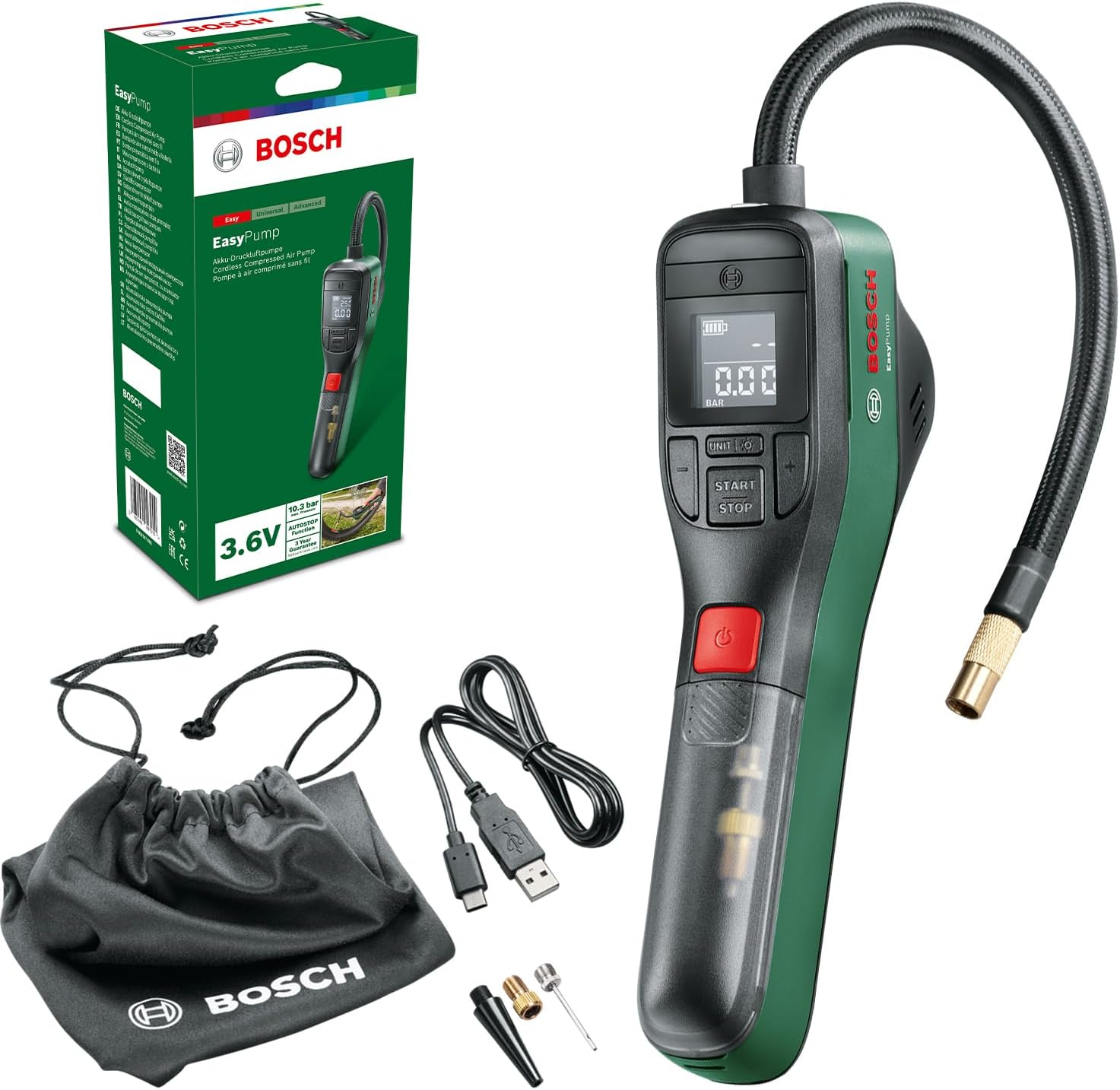 Bosch ▫️ Bomba de ar para bicicleta compressor de ar a bateria EasyPump (bateria de 3,0 Ah, 3,6 Volt, função de desligamento automático, 150 psi, 10,3 bar, LED, recarregável via cabo USB-C, na caixa)