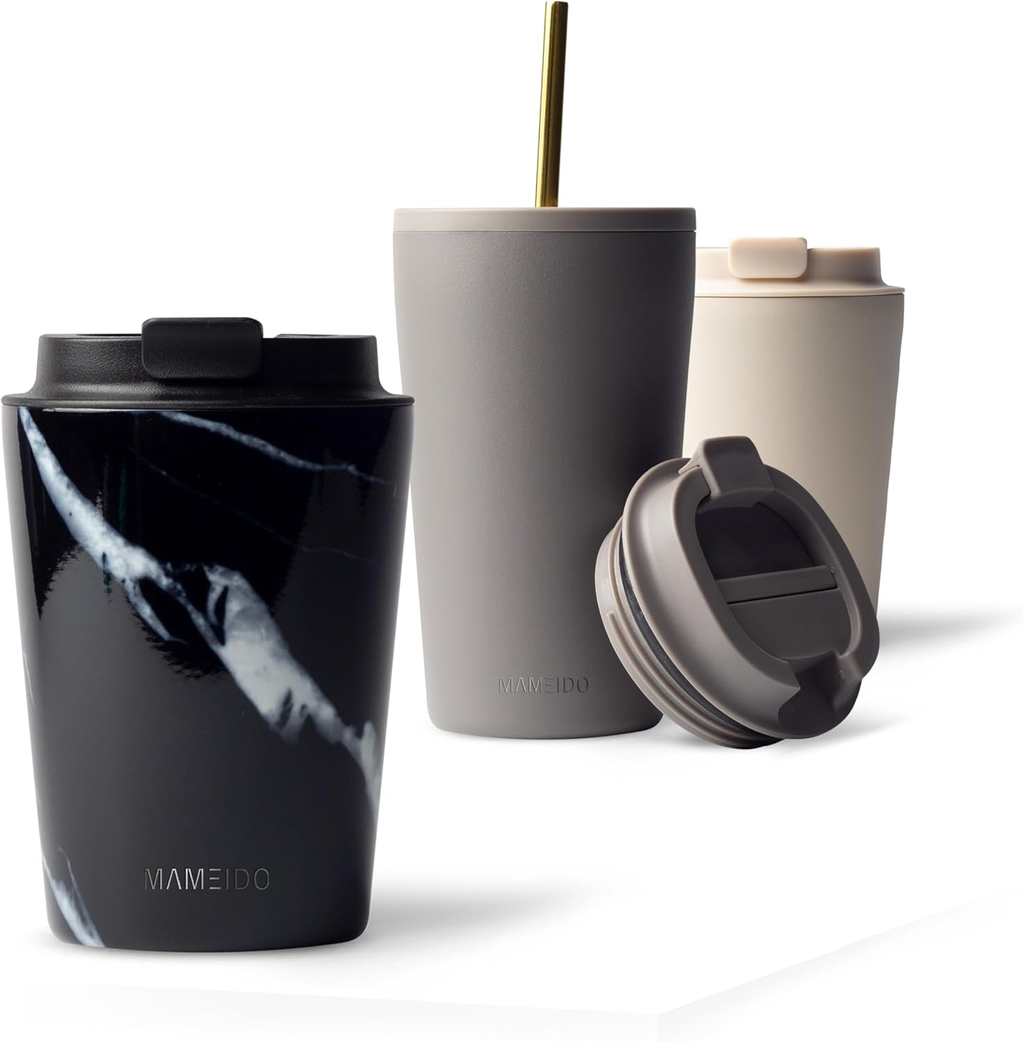 MAMEIDO ▫️ Caneca térmica de 350 ml, caneca térmica anti-gotejamento, caneca térmica de aço inoxidável sem BPA, caneca térmica para levar (mármore preto)