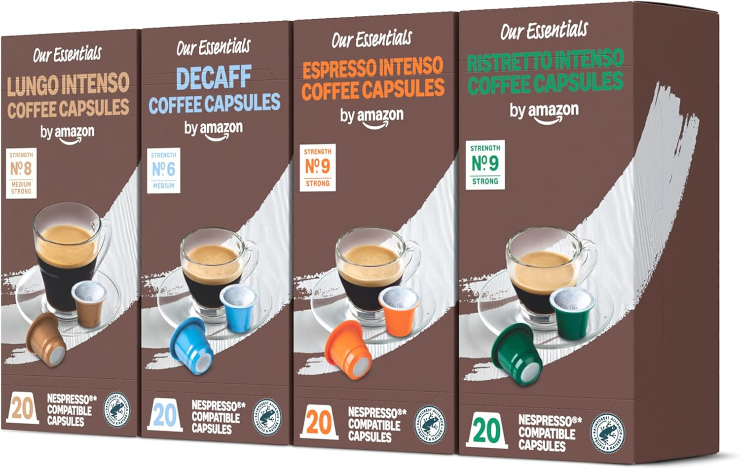 by Amazon ▫️ Cápsulas de café de plástico Nespresso, embalagem sortida, torrefação escura, 50% Arábica, 50% Robusta, 80 unidades (4 embalagens de 20), certificado pela Rainforest Alliance
