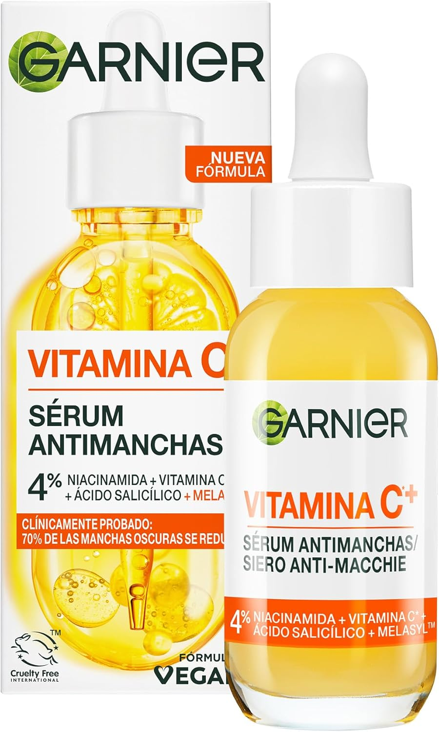 Garnier ▫️ Vitamin C Anti-Blemish Day Serum com 4% [Vitamina C + Niacinamida + Ácido Salicílico + Melasyl™]. N.º 1 no mundo. Reduz 70% das manchas escuras em 5 dias. 30 ml