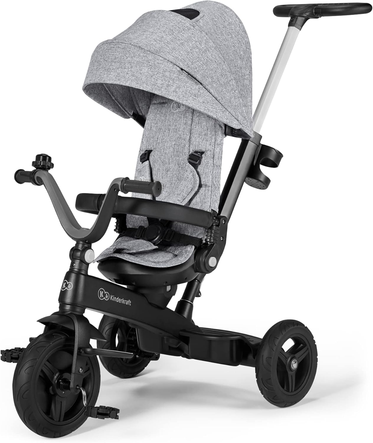 Kinderkraft ▫️ 5 in 1 Twipper, triciclo de corrida com barra de empurrar, assento rotativo a 360°, guiador para pais ajustável em altura, capota, 9 meses a 5 anos, cinzento