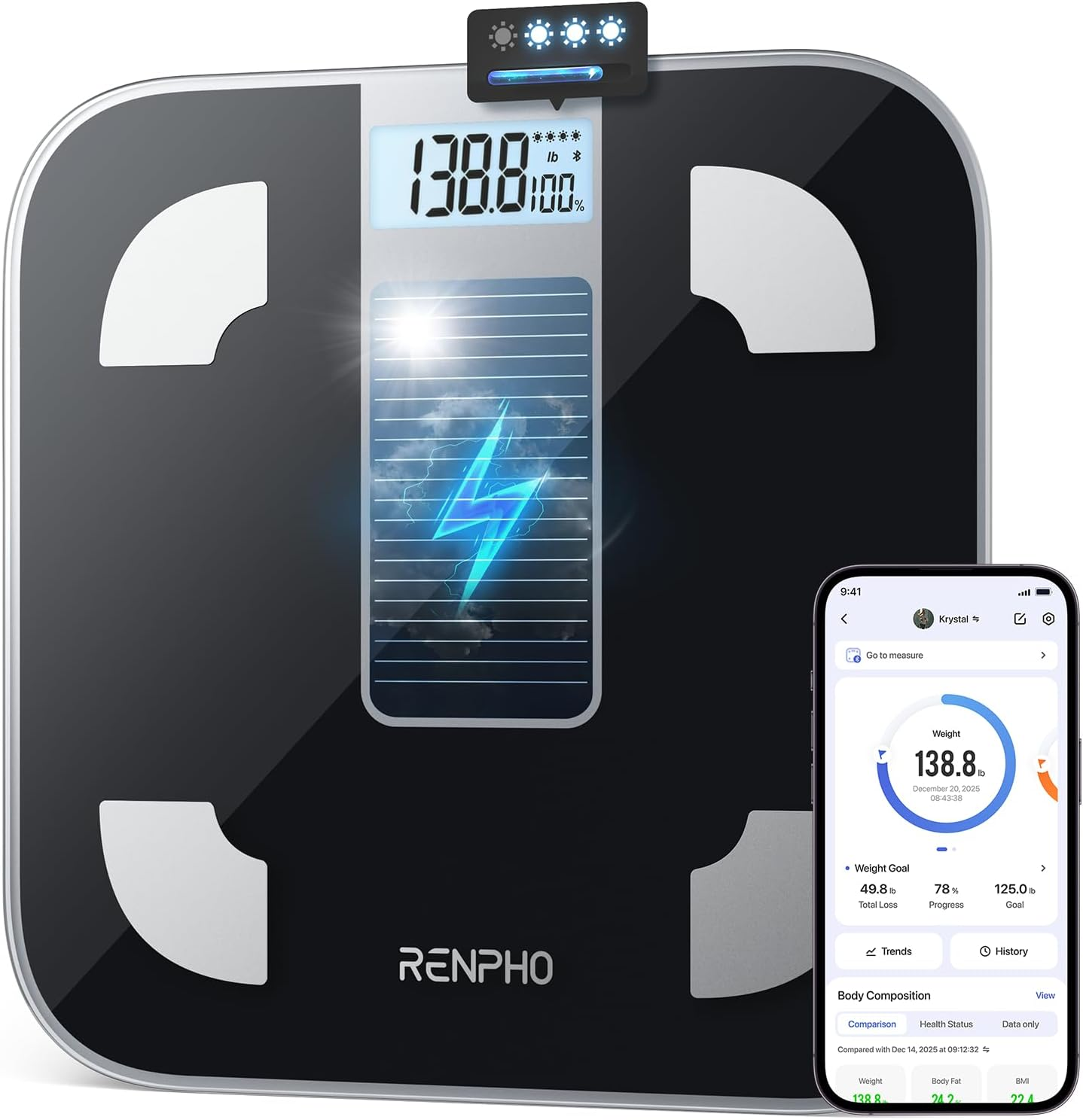 RENPHO ▫️ Balança digital de peso corporal Elis Solar. Balanças de casa de banho para pesagem sem pilhas. Balança inteligente para peso corporal e gordura corporal. Analisador de Saúde para Smartphone
