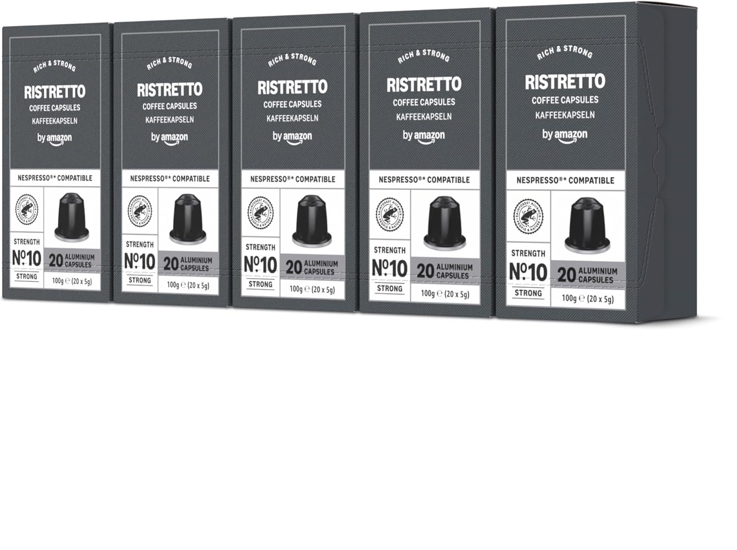 by Amazon ▫️ Cápsulas de café Ristretto, torrefação média, compatível com Nespresso, 100 cápsulas, 5 embalagens de 20, Rainforest Alliance Certified