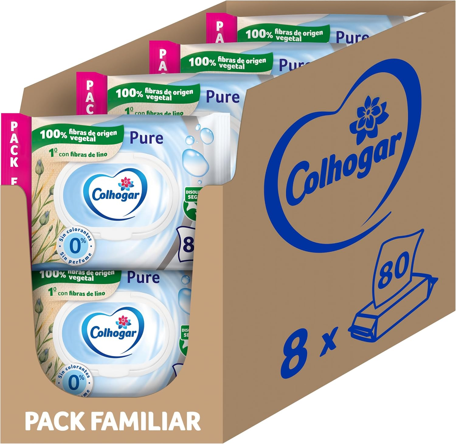 Colhogar ▫️ Pure Moist x640 - Toalhetes higiénicos descartáveis húmidos - Sem álcool - Pele sensível - Testado dermatologicamente - Embalagem de 640 toalhetes higiénicos descartáveis húmidos por WC (8x80)