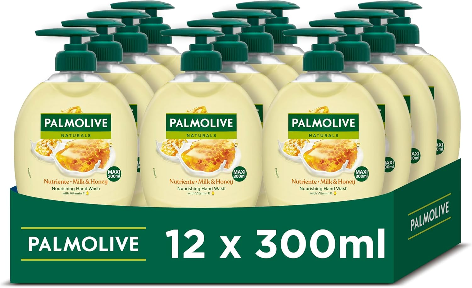 Palmolive ▫️ Naturals Milk & Honey, sabonete líquido para as mãos, cuidado suave da pele, sem sabão, ingredientes naturais, fórmula biodegradável, testado dermatologicamente, embalagem com 12 unidades x 300 ml