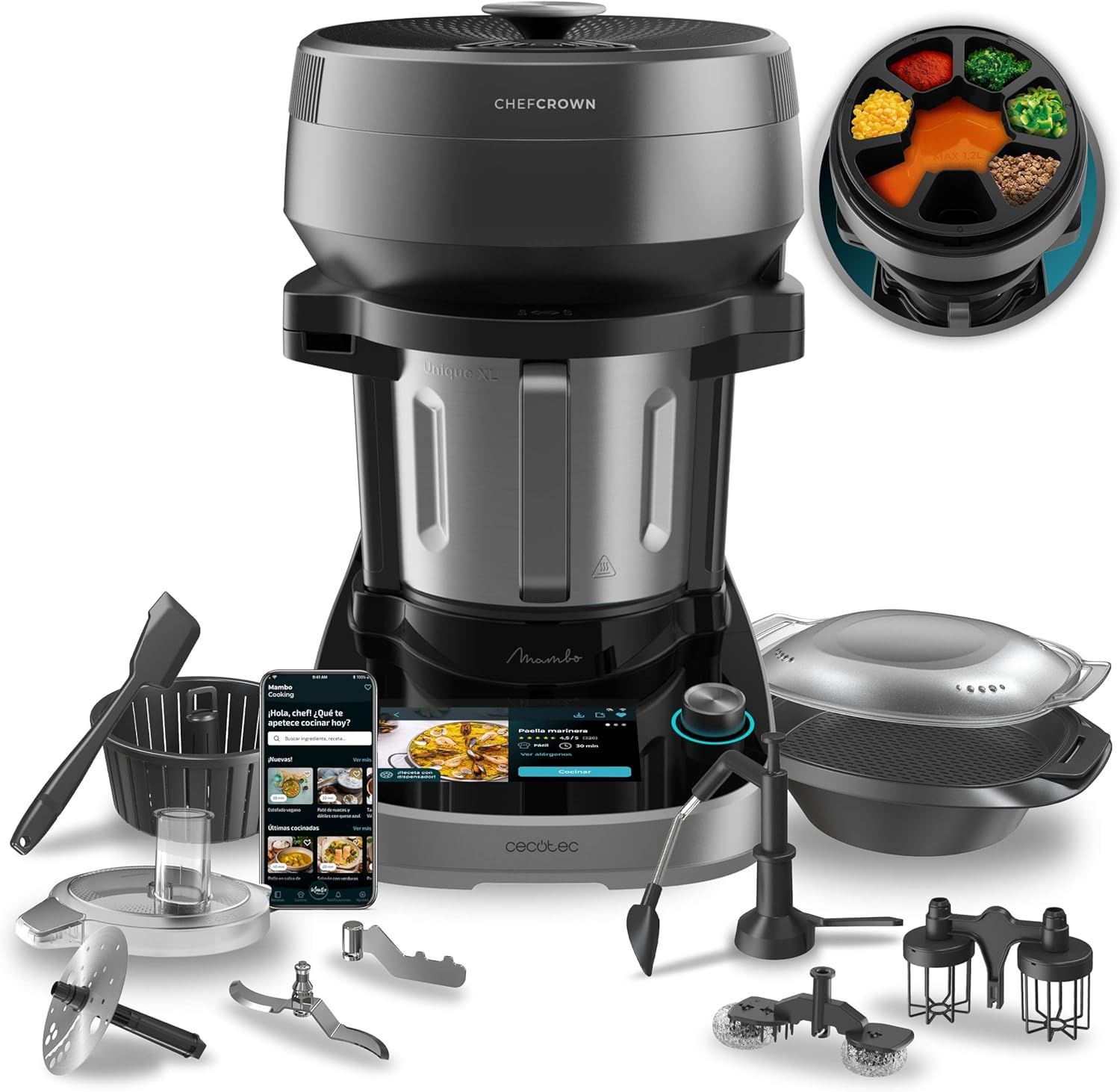 Cecotec ▫️ Máquina de cozinha multifunções com dispensador de alimentos Mambo CooKing Unique. 2200W, 45 funções, milhares de receitas guiadas, jarro único de 4,5L, acessórios: vaporizador ou pá de guisado