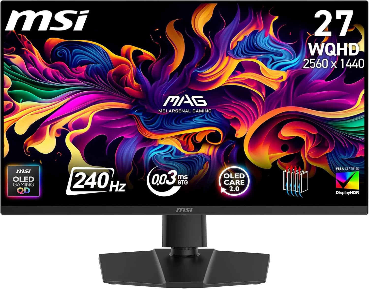 MSI ▫️ mag 273QP QD-OLED X24 - Monitor plano WQHD para jogos de 26,5" - Painel OLED Quantum Dot 2560 x 1440 240Hz / 0,03ms, 99% DCI-P3, Delta E≤2, DisplayHDR True Black 400, DP 1.4a, HDMI 2.1