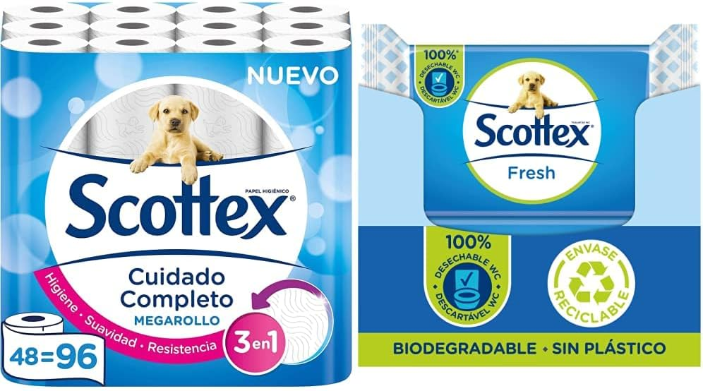 Scottex ▫️ Tecido higiénico Megarollo - 48 rolos + Tecido higiénico Fresh Wet - 12 pacotes x 38 (456 unidades)