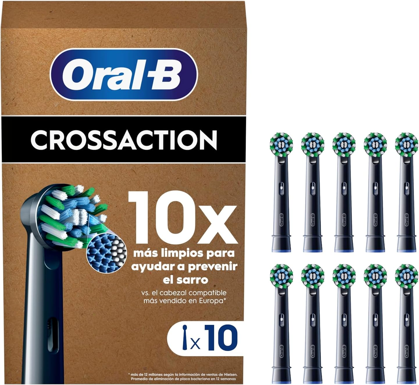 Oral-B ▫️ Pro CrossAction ORIGINAL Cabeças de substituição para escova de dentes eléctrica Oral B Pro, embalagem de 10 recargas com indicador de utilização, preto (tamanho de caixa de correio)