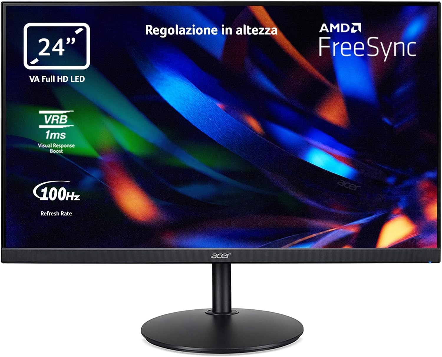 acer ▫️ CBA242YHbirf - Monitor de 24" Full HD 100 Hz (60 cm, 1920x1080, 16:9, 250 Nits, tempo de resposta VRB de 1 ms, AMD FreeSync, ZeroFrame, 1xVGA/1xHDMI 1.4) Preto ajustável em altura