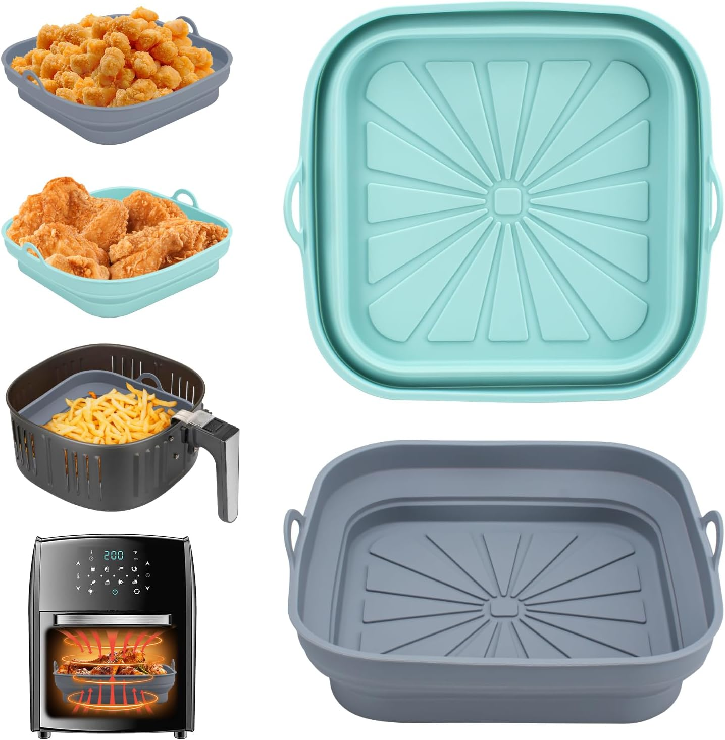 Alyvisun ▫️ Moldes de Silicone para Fritadeira de Ar, 2 Pcs Bandeja para Fritadeira de Ar Acessórios para Fritadeira sem Óleo Recipientes Quadrados Reutilizáveis Utensílios de Cesto para Fritadeira de Ar, Micro-ondas, Forno (Azul+Cinza)