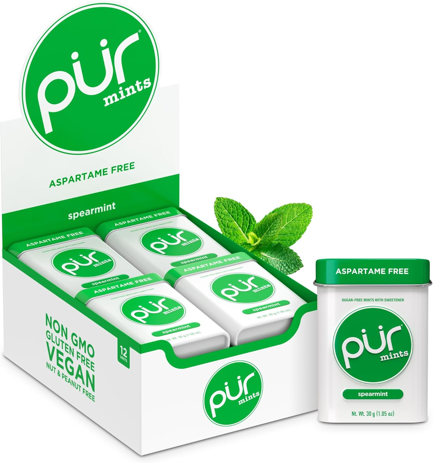 PUR Gum ▫️ PUR, pastilhas de menta sem aspartame, feitas com xilitol, sem açúcar, vegan, sem glúten e compatível com a dieta cetogénica, pastilhas de menta naturais com sabor a hortelã-pimenta, 30 unidades (embalagem de 12)