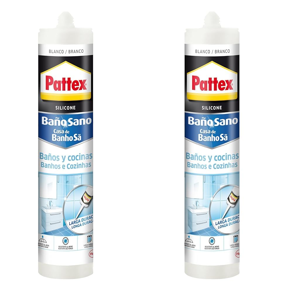 Pattex ▫️ Baño Sano, silicone anti-bolor e impermeável, silicone branco durável para cozinha e casa de banho, resistente, 2 cartuchos x 280 ml cada