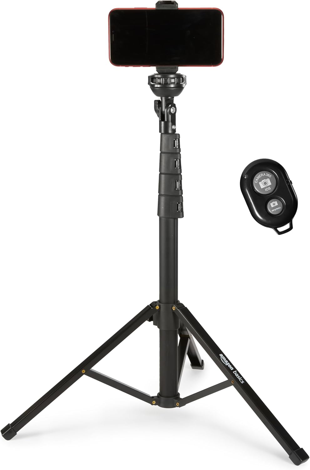 Amazon Basics ▫️ 162cm/64in Tripé extensível e suporte para telefone com controlo remoto sem fios, preto