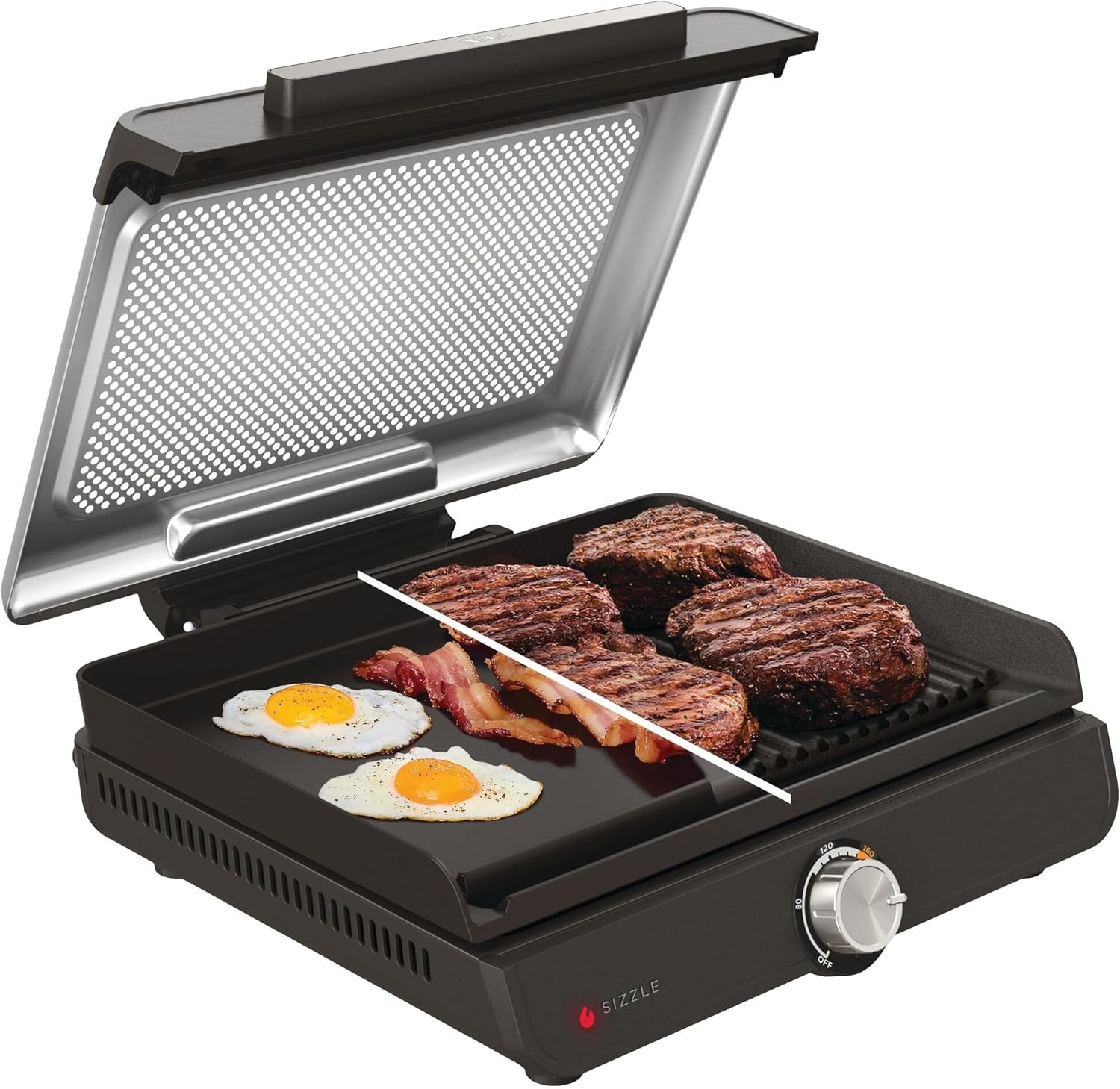 Ninja ▫️ Grelhador e frigideira eléctrica de interior Sizzle, duas placas de grelha antiaderentes intercambiáveis e laváveis na máquina de lavar louça, tabuleiro para gorduras, controlo de temperatura e guia de receitas, cinzento, GR101EU