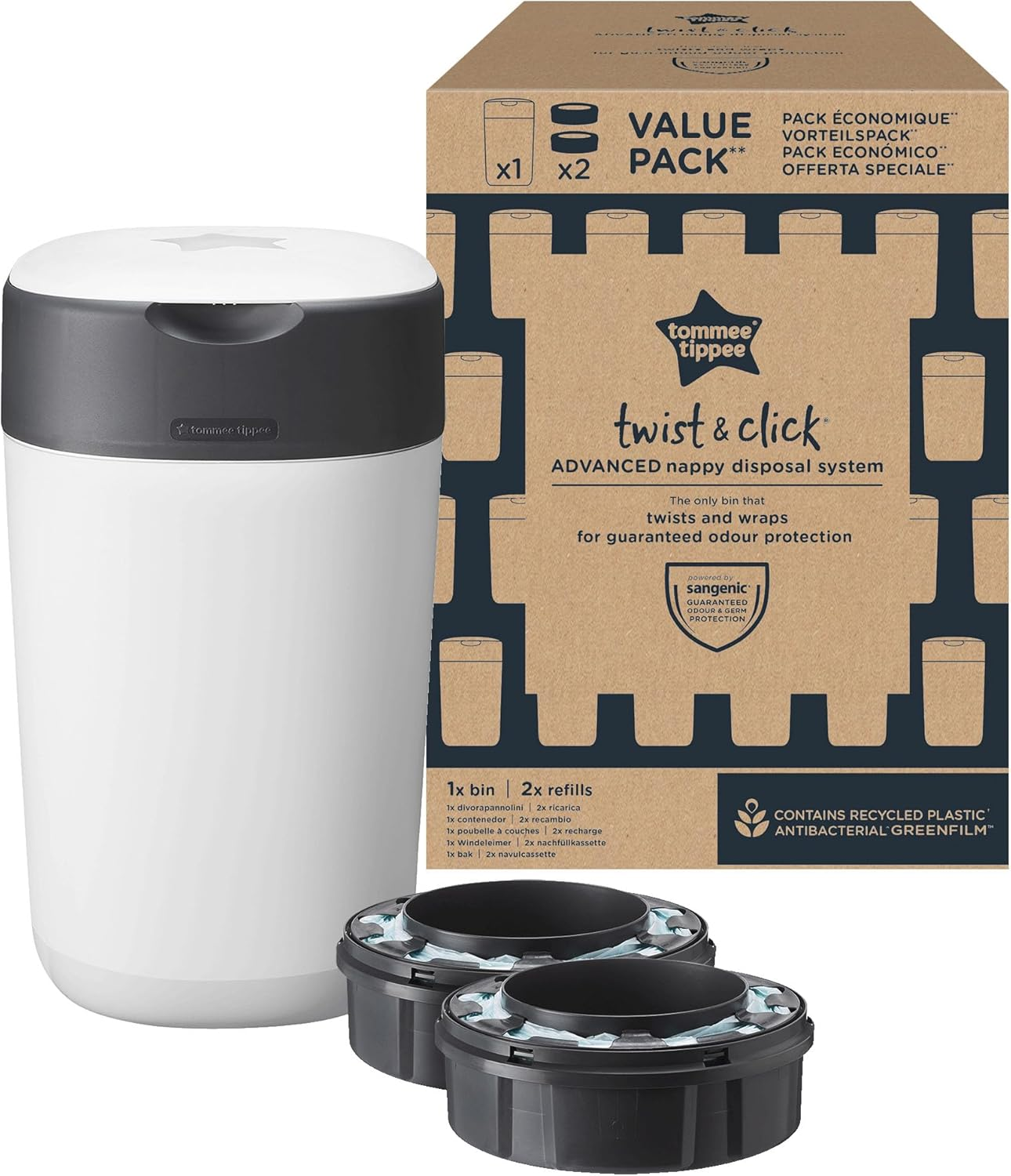 Tommee Tippee ▫️ Twist & Click Nappy Container, embalagem exclusiva com x2 recargas incluídas, proteção garantida contra odores e germes, grande capacidade
