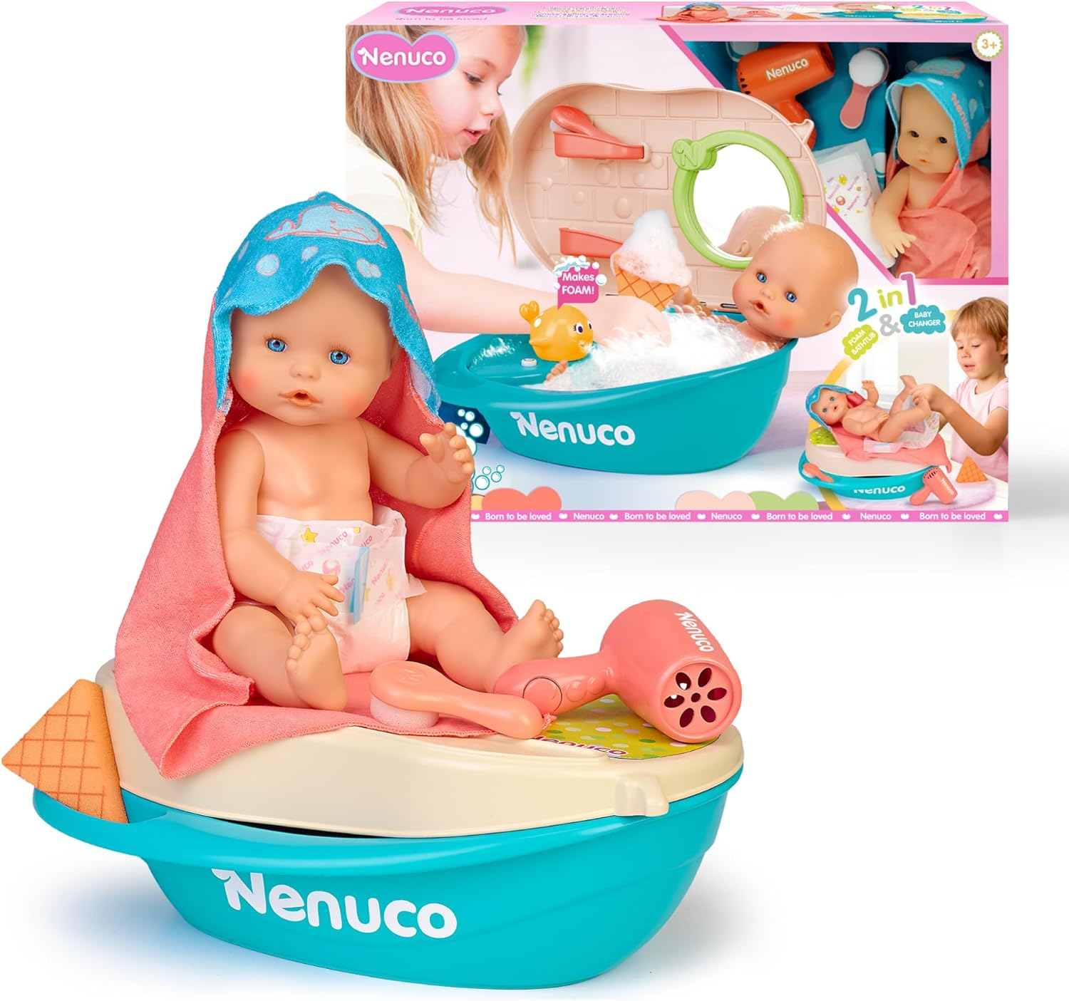 Nenuco ▫️ Banheira de espuma, boneca de 35 cm com corpo rígido, banheira 2 em 1 que se transforma em trocador, espuma, boneca com cabelo mágico, bebe e faz xixi, +3 anos, Famosa (NFNA0000)