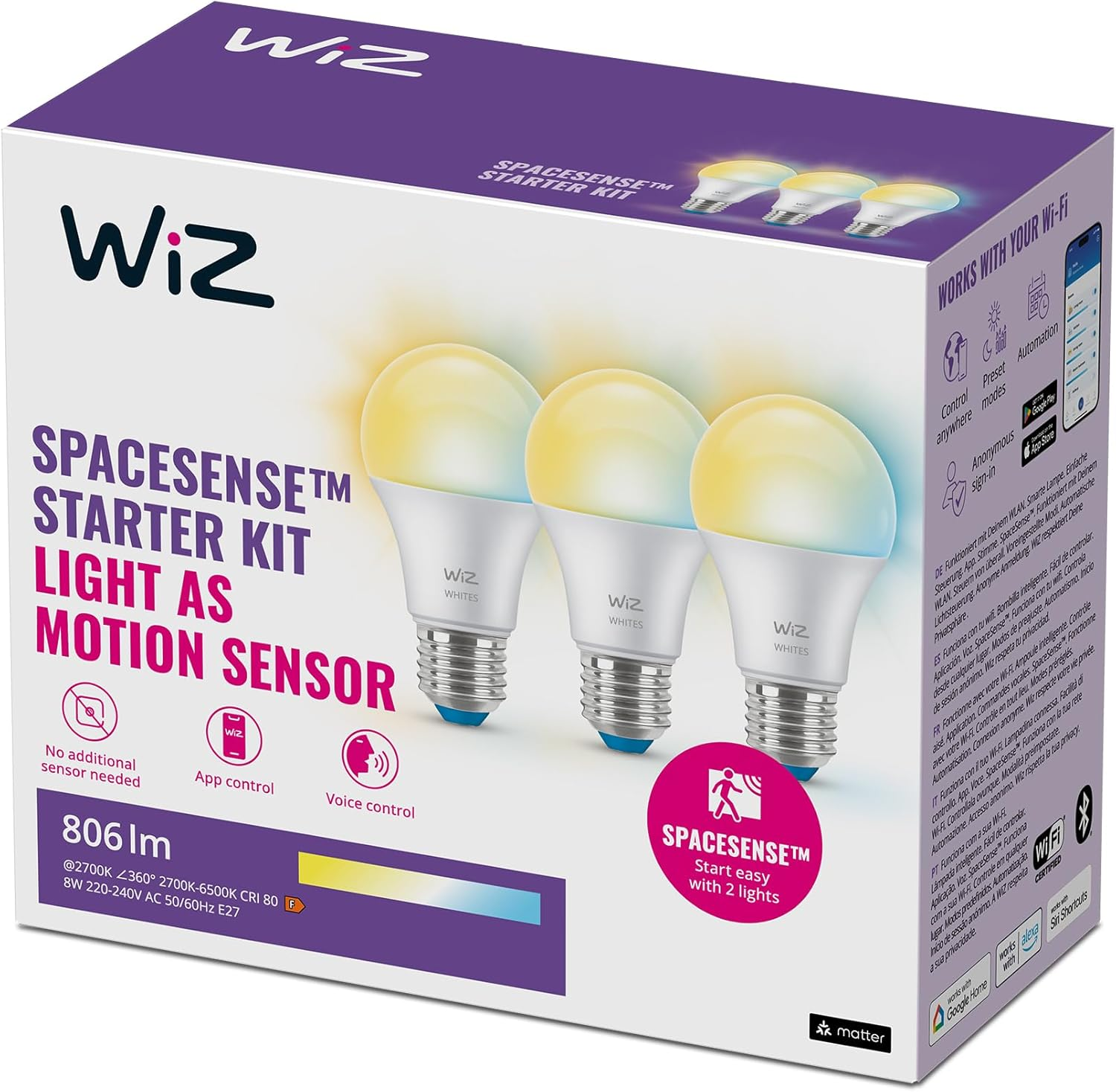WiZ ▫️ Lâmpada Smart LED A60, branco quente a frio, base E27, 60W, 806 lúmens, regulável, funciona com Alexa, Google Assistant e Apple Home, embalagem de 3