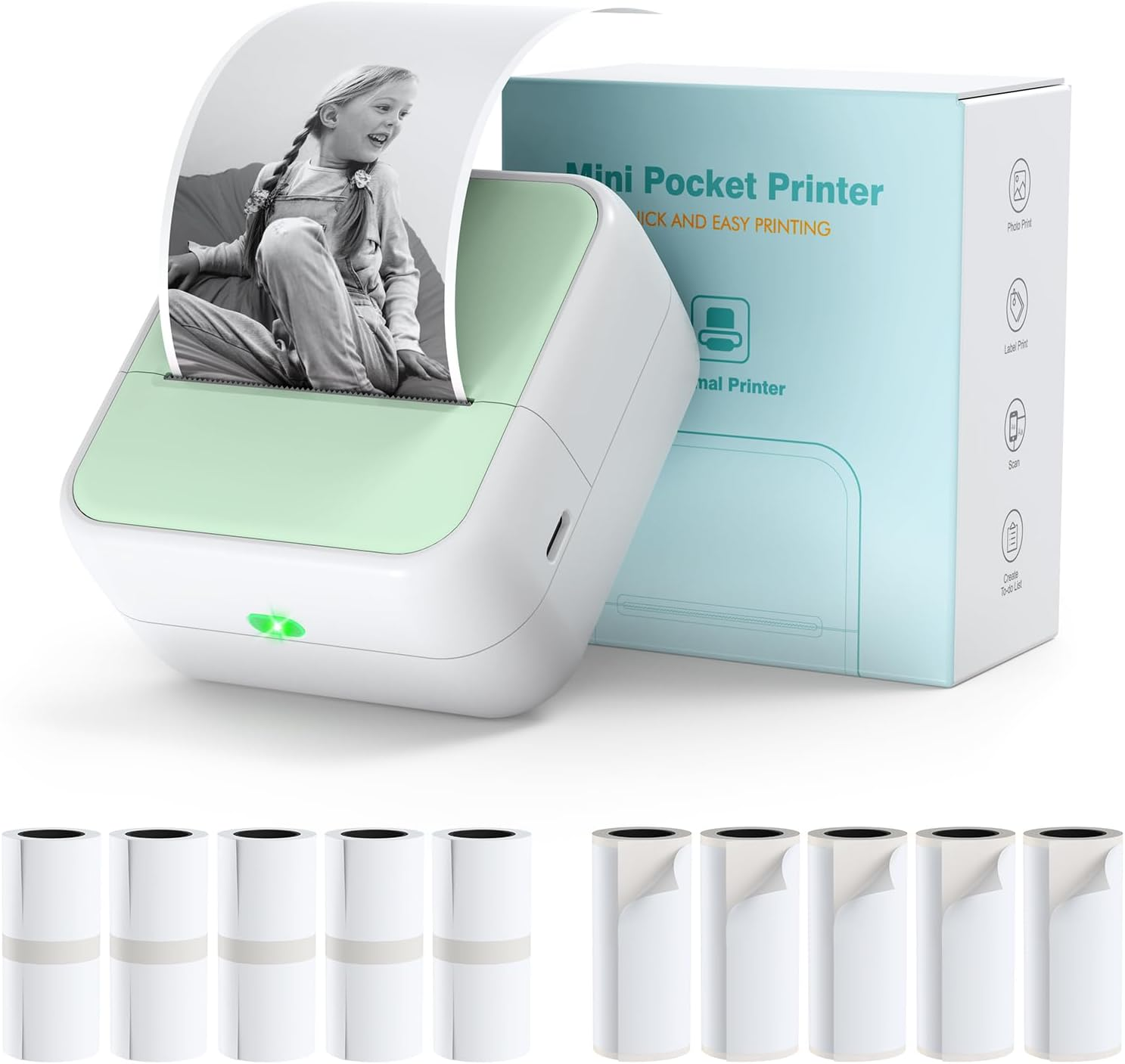 Bisofice ▫️ Mini Impressora Móvel, Mini Impressora Fotográfica Térmica para Smartphone, Mini Impressora Portátil Bluetooth com 11 Rolos de Papel, para Fotos, Agenda, Notas, Lista, etc.