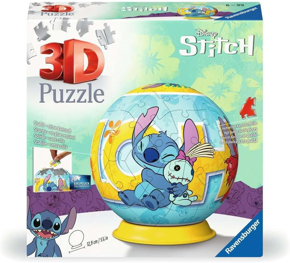 Ravensburger ▫️ Puzzle 3D para crianças Disney Stich Ball | Puzzles 3D para crianças a partir dos 6 anos | Conjuntos de 72 peças | Prenda para crianças a partir dos 6 anos