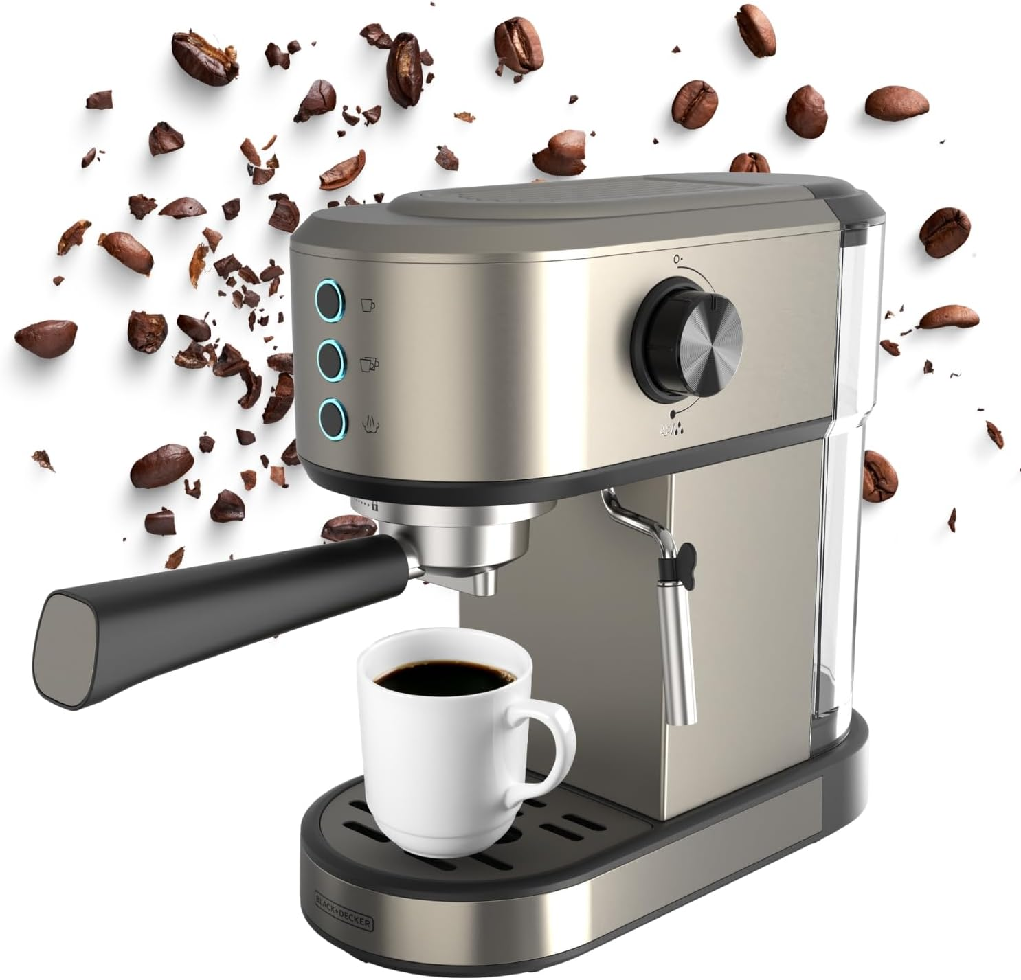Black+Decker ▫️ Máquina de café expresso BXCO1350E | 1350W | 20 Barras | Sistema Thermoblock | Filtros para 1 e 2 chávenas | Lança de vapor direcionável | Depósito amovível de 1L | Aquecedor de chávenas e tabuleiro de recolha