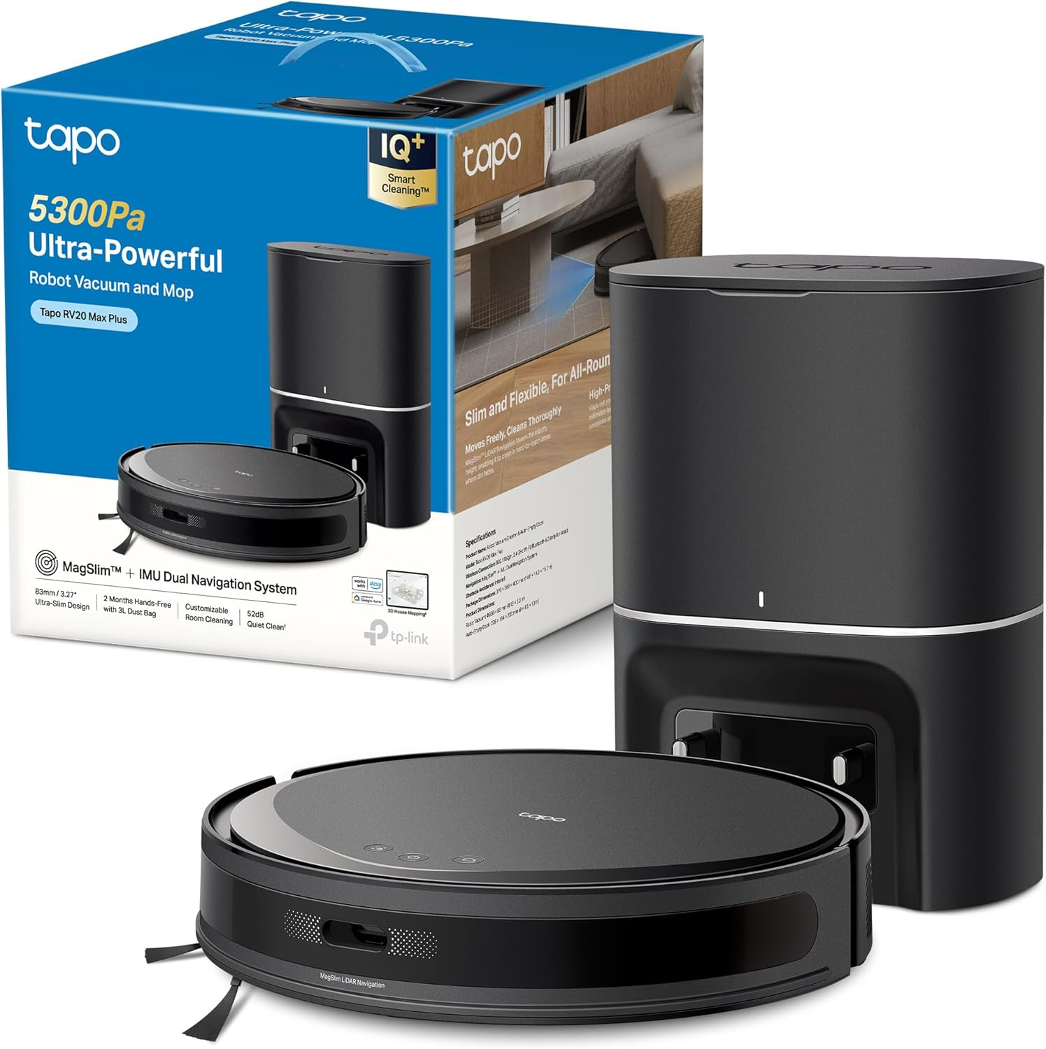 Tapo ▫️ RV20 MAX Plus - Aspirador robô 4 em 1 e esfregona de chão, sucção de 5300 Pa, despejo automático de 3 L, navegação LiDAR+IMU, limpeza inteligente IQ+, limpeza personalizável, controlo por aplicação