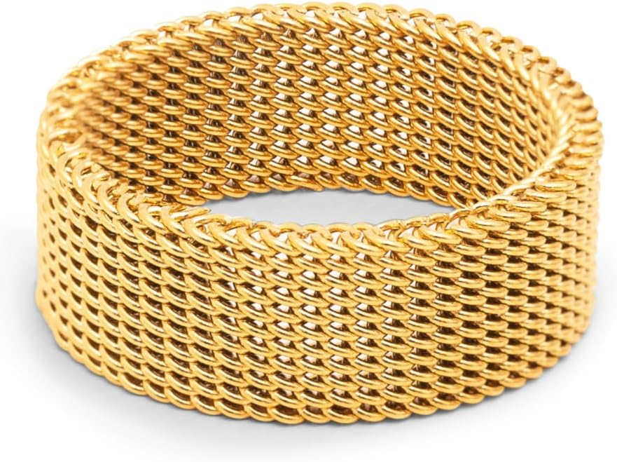 SINGULARU ▫️ Anel em Malha. Aço com acabamento banhado a ouro 18kt. Anel largo e maxi com 8 mm de altura e 1,9 mm de espessura. Bijuteria para Mulher. Tamanho 10 a 16