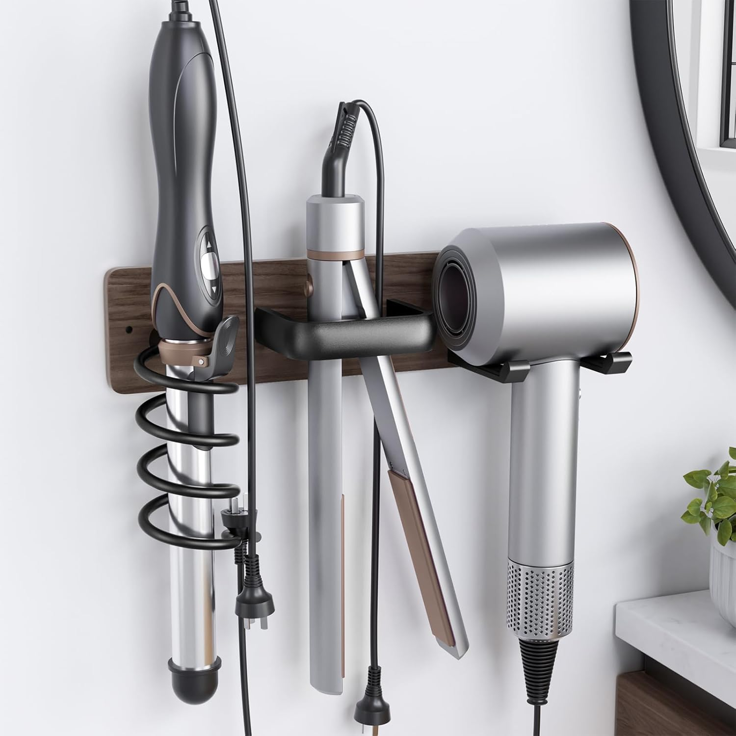 Tindbea ▫️ Suporte para secador de cabelo Suporte para ferro de frisar ， Suporte para secador de cabelo de parede, rack organizador de ferramentas de cabelo 3 em 1 de nogueira
