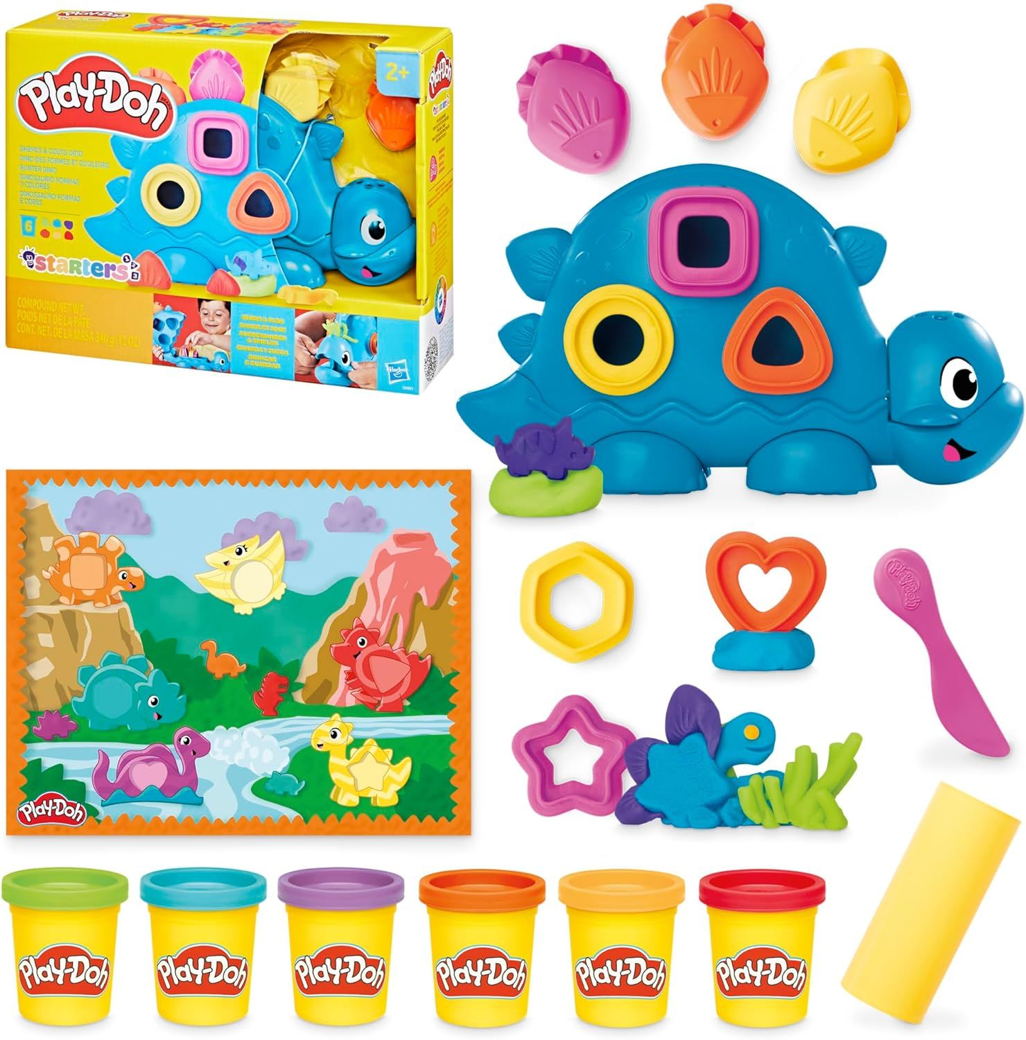 Play-Doh ▫️ Hasbro, Dinossauro, Formas e Cores, Brinquedos de Artes e Ofícios, Materiais de Arte para Crianças 2+, 6 Potes, Argila para Colorir, Criatividade, Presente, Hasbro, Dinossauro, Formas e Cores, Brinquedos de Artes e Ofícios, Materiais de Arte para Crianças 2+, 6 Potes, Argila para Colorir