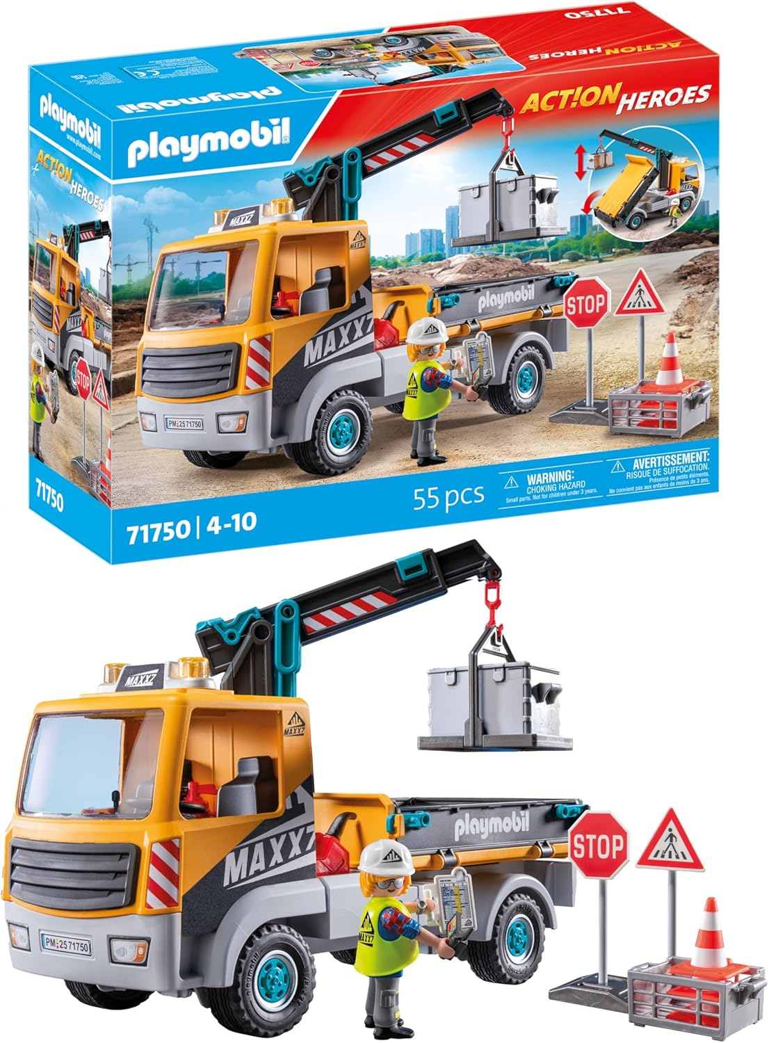 PLAYMOBIL ▫️ Heróis de ação : Camião de estaleiro com grua : Brinquedos de construção para crianças : Conjunto de construção para crianças a partir dos 4 anos : 71750