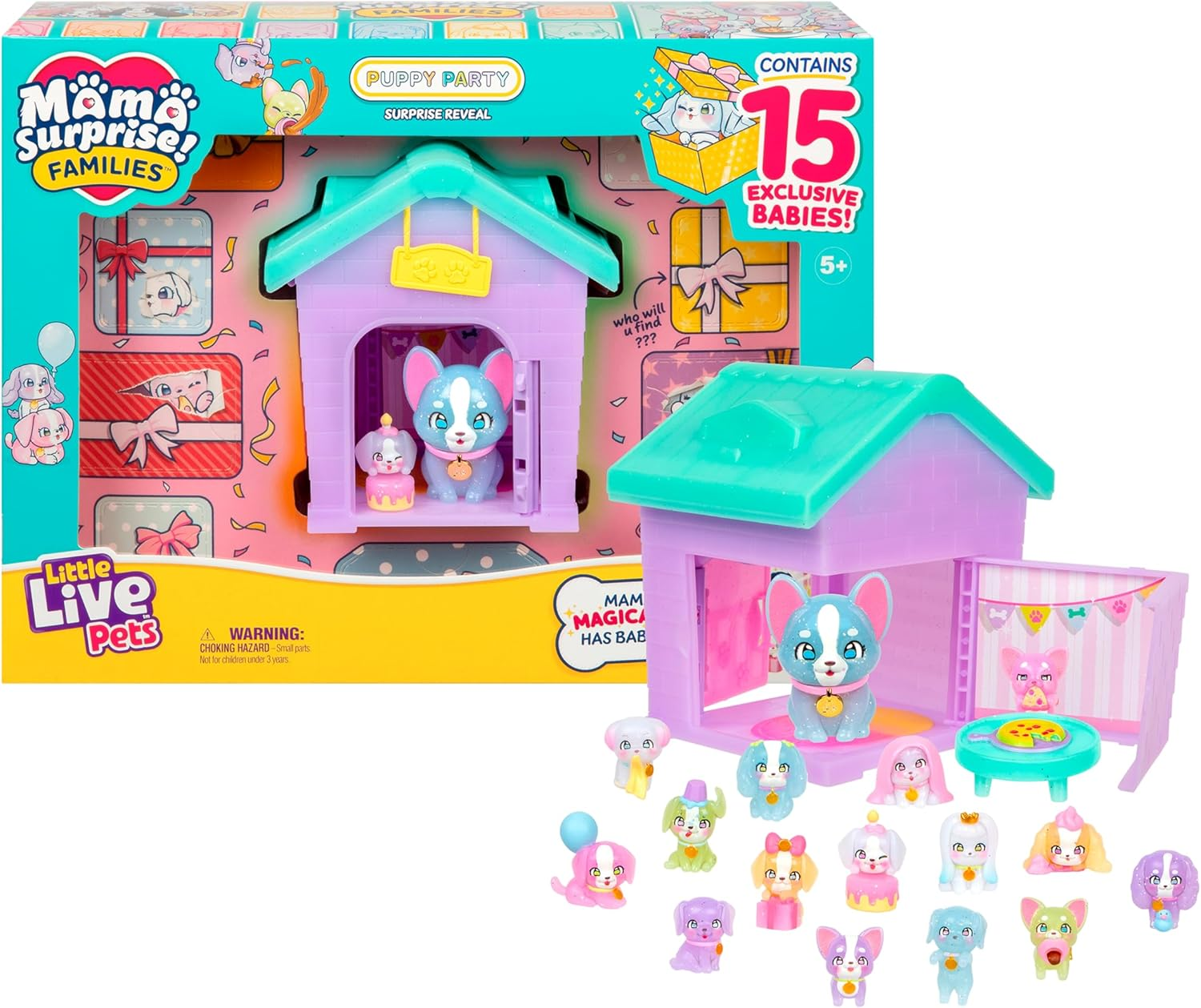 Little Live Pets ▫️ LLP Famílias Surpresa Mamã Surpresa : Pack Festa dos Cachorrinhos. Colecciona 15 cachorrinhos em miniatura. Conjunto de jogo com a casa da mamã. Mais de 80 para colecionar. A partir dos 5 anos.