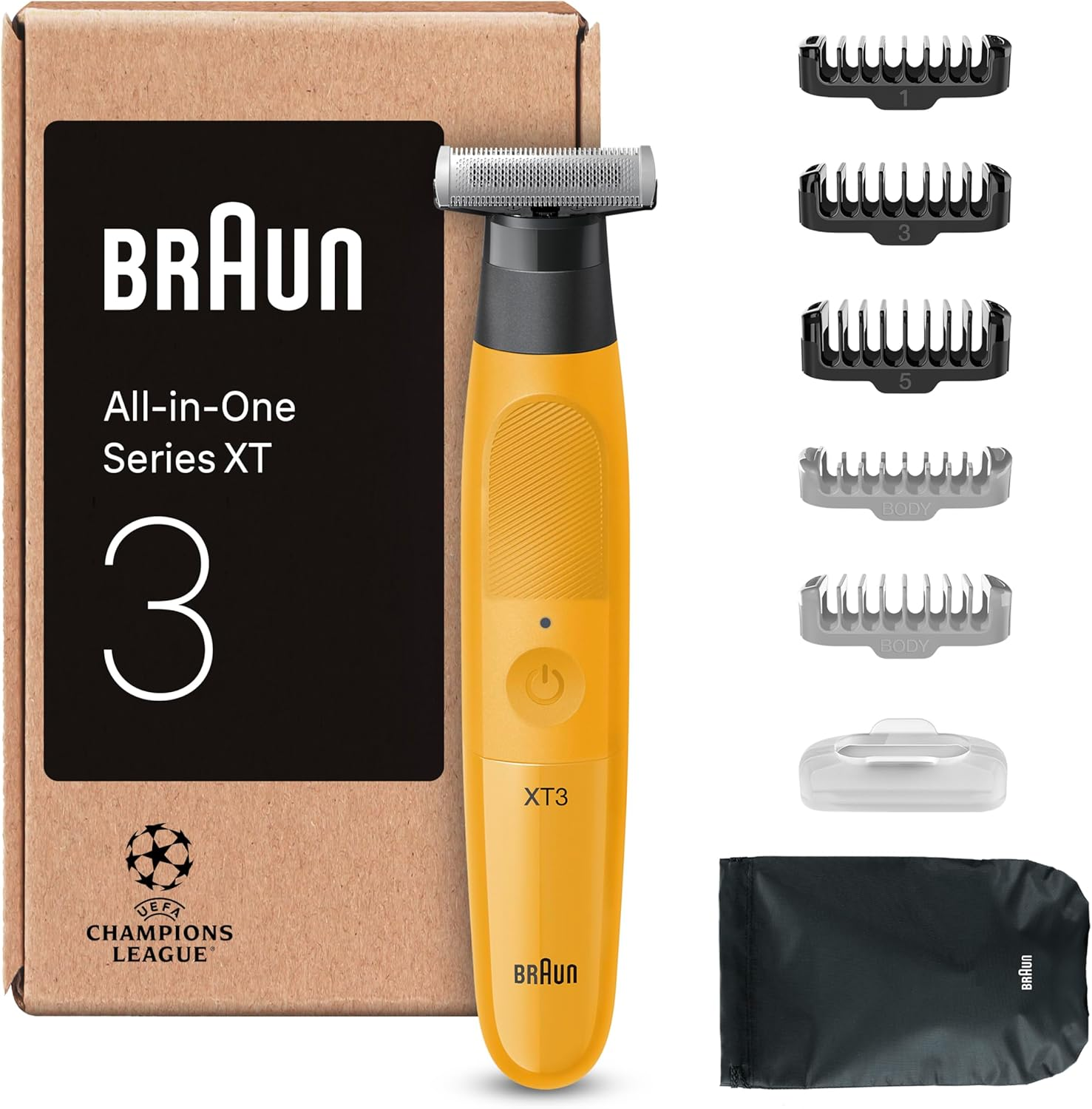 Braun ▫️ Series XT3 XT3205, Máquina de barbear eléctrica multifuncional, +7 acessórios de modelação, aparador de pêlos para homem à prova de água, 4D Flexi-Flute, 45 min. de tempo de espera, aparar e barbear, amarelo