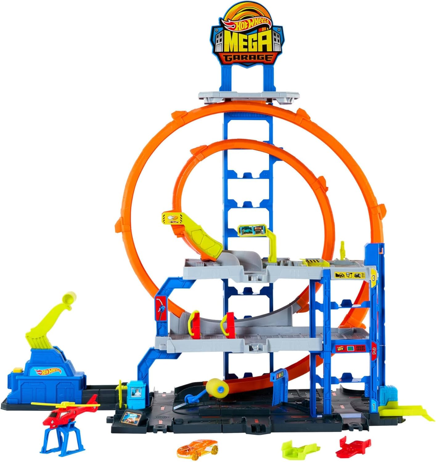 Hot Wheels ▫️ Conjunto de Pistas com Helicóptero e Carro de Metal, Três Níveis de Jogo, Dois Circuitos, Arrumação para 37 Carros à Escala 1:64 e Adaptadores Speed Snap, JLC05