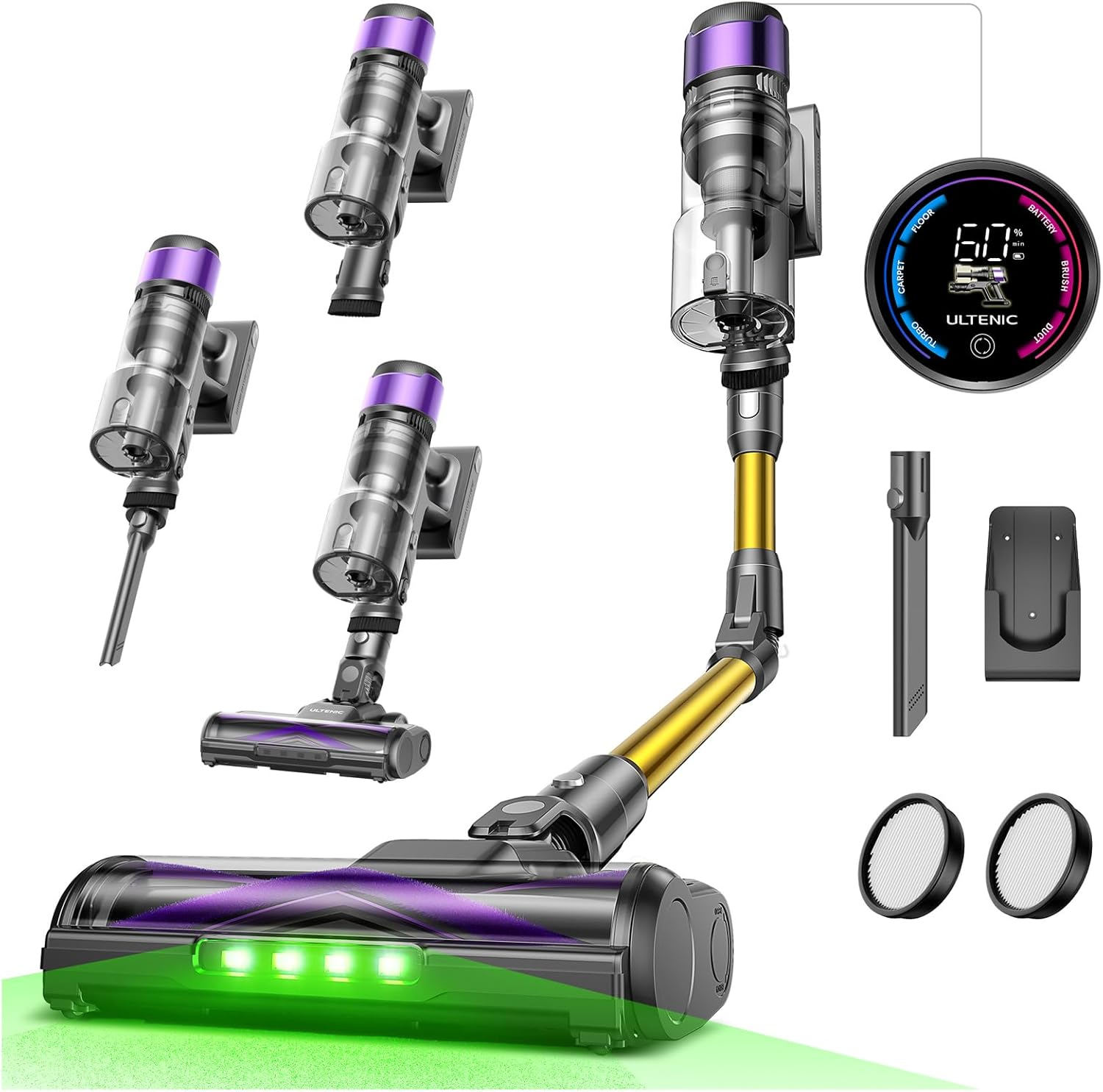 Ultenic ▫️ Aspirador sem fios U20 55Kpa/55Min, escova anti-emaranhado melhorada, aspirador de vassoura com braço flexível, limpeza ultra-profunda debaixo dos móveis sem dobrar, para alcatifa/pêlos de animais