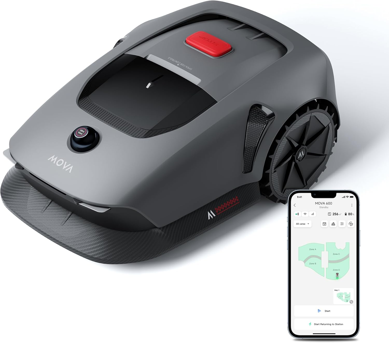 Mova ▫️ Podadora robótica 600, configuração sem fios UltraView™ e mapeamento preciso até 600 m², prevenção inteligente de obstáculos, rodas todo-o-terreno melhoradas, corte em forma de U, carregamento rápido, carregamento rápido, carregamento rápido, carregamento rápido, carregamento rápido, carrega