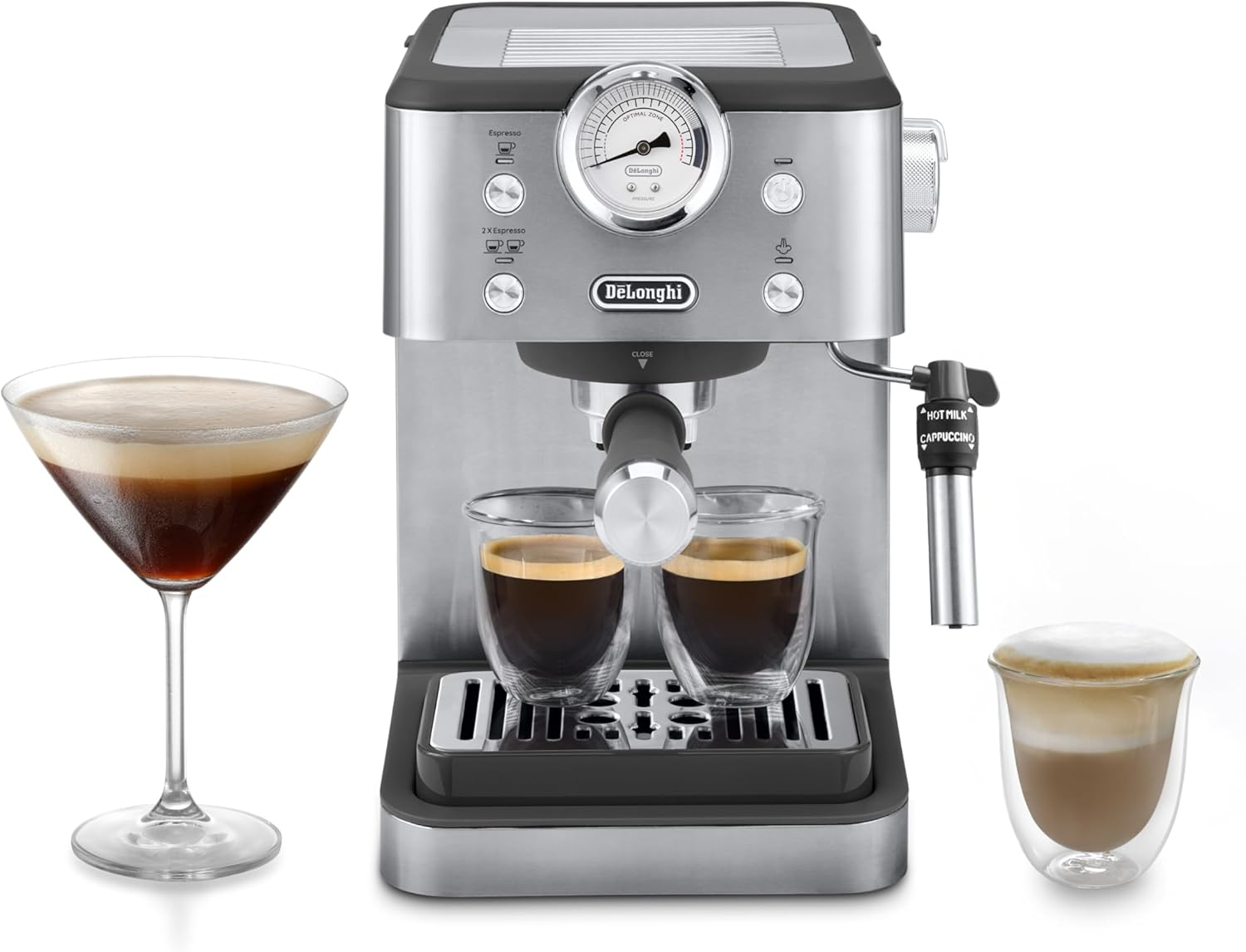 De'Longhi ▫️ Classic EM450.M, máquina de café manual com varinha de vapor, máquina de café expresso com bomba de barista, bocal para cappuccino, filtro de parede dupla, 15 bar, chávena até 13 cm, aço inoxidável/metal