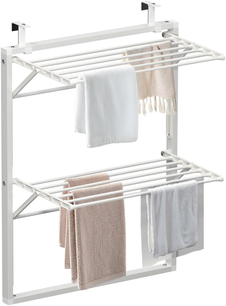 VOUNOT ▫️ ® Estendal de parede dobrável de dois níveis, estendal de secagem dobrável para casa de banho ou varanda, economizador de espaço, branco