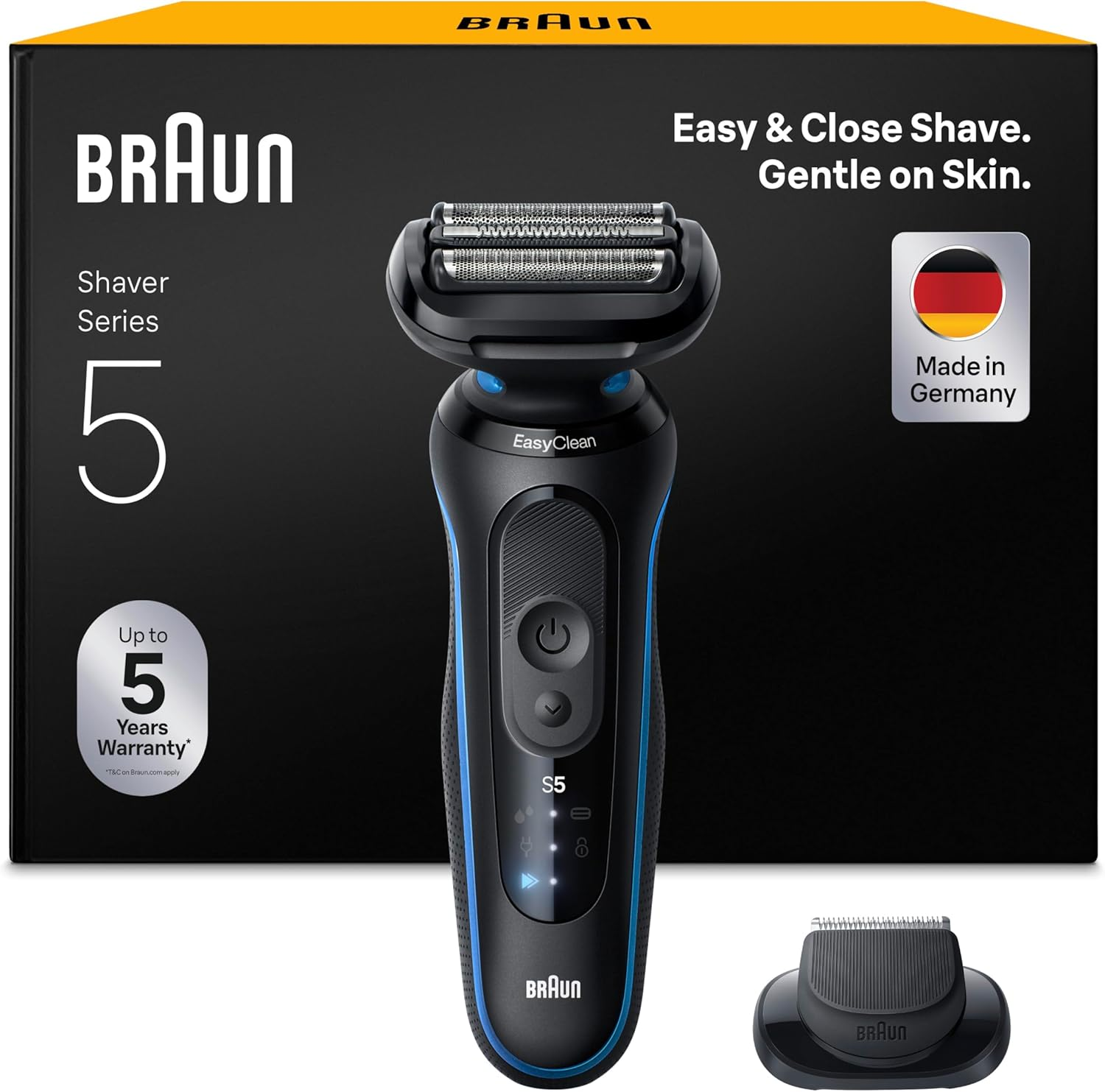 Braun ▫️ Máquina de barbear eléctrica para homem Series 5, máquina de barbear húmida e seca, 2 modos de barbear, 50 min de utilização, carregamento rápido, aparador de precisão, estojo de viagem, 52-B1200SI, azul