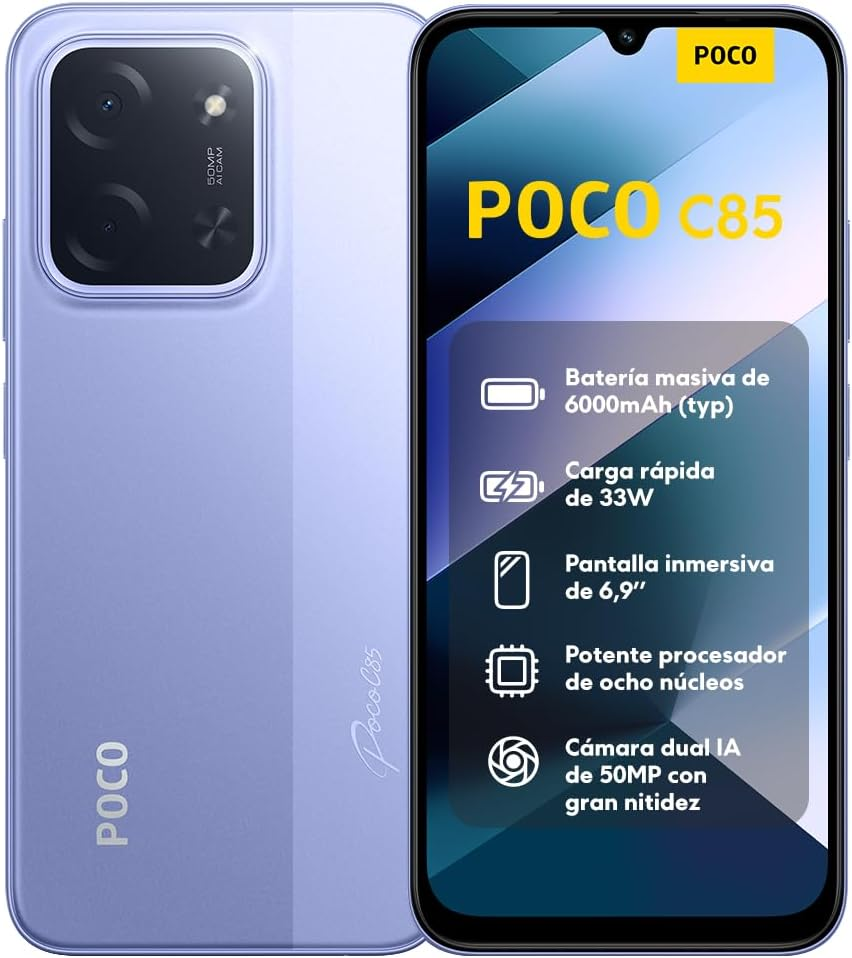 XIAOMI ▫️ POCO C85 - Smartphone de 8+256GB, câmara dupla de 50MP com IA, ecrã imersivo de 6,9", processador Octa-Core potente, carregamento rápido de 33W, 6000mAh, carregador não incluído, roxo (versão ES)